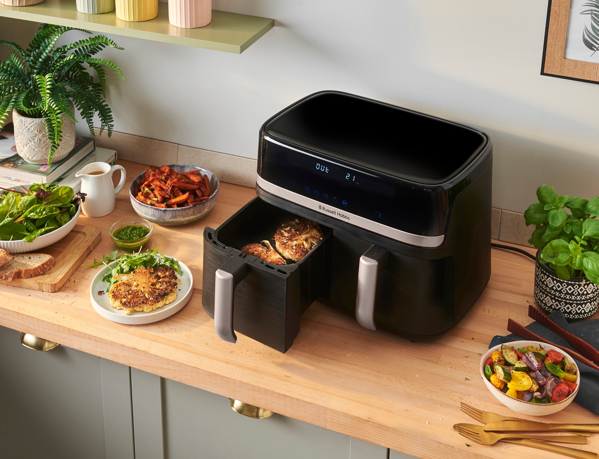 RUSSELL HOBBS Heißluftfritteuse »27680-56 s SatisFryTM Dual basket, 4,5L«, 2800 W, Airfryer–wenig oder kein Öl erforderlich, 9 Programme, 9 L