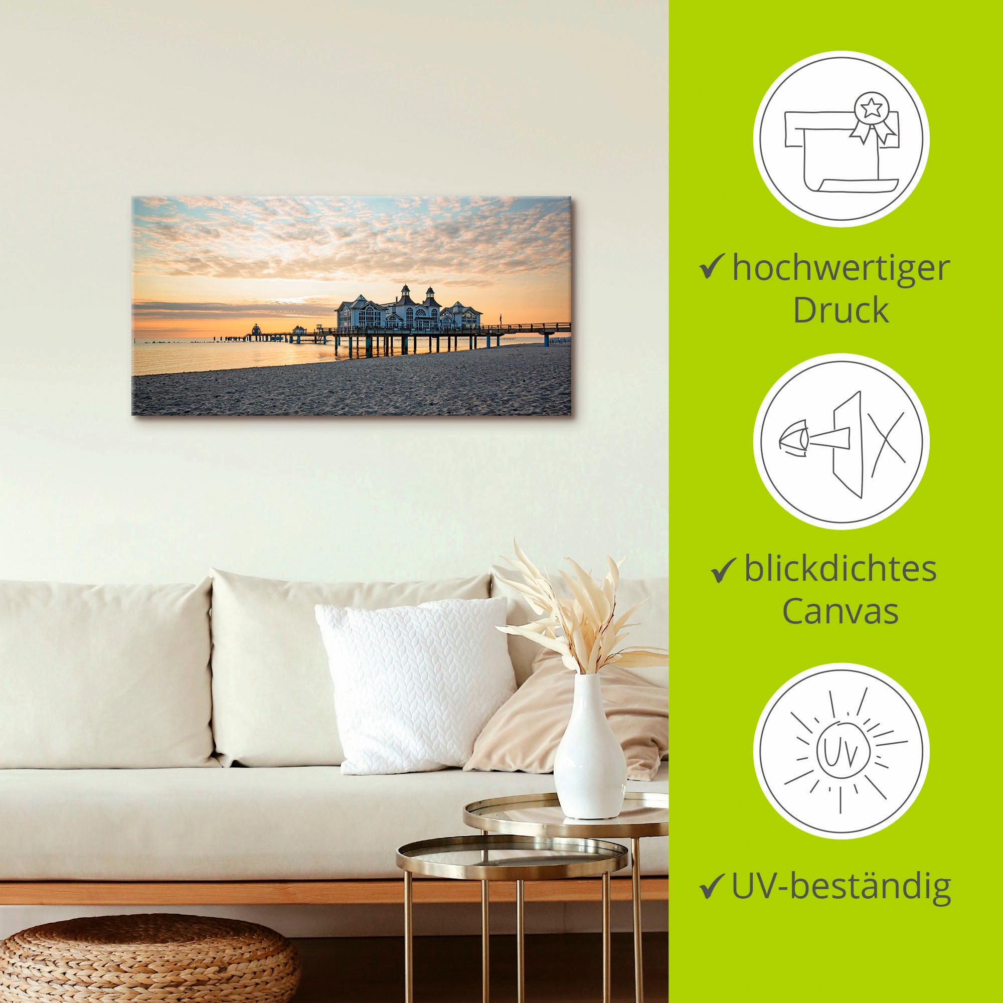 Artland Leinwandbild »Seebrücke Sellin bei Sonnenaufgang« Strand 1 Stk. tlg. auf Holzrahmen gespannt