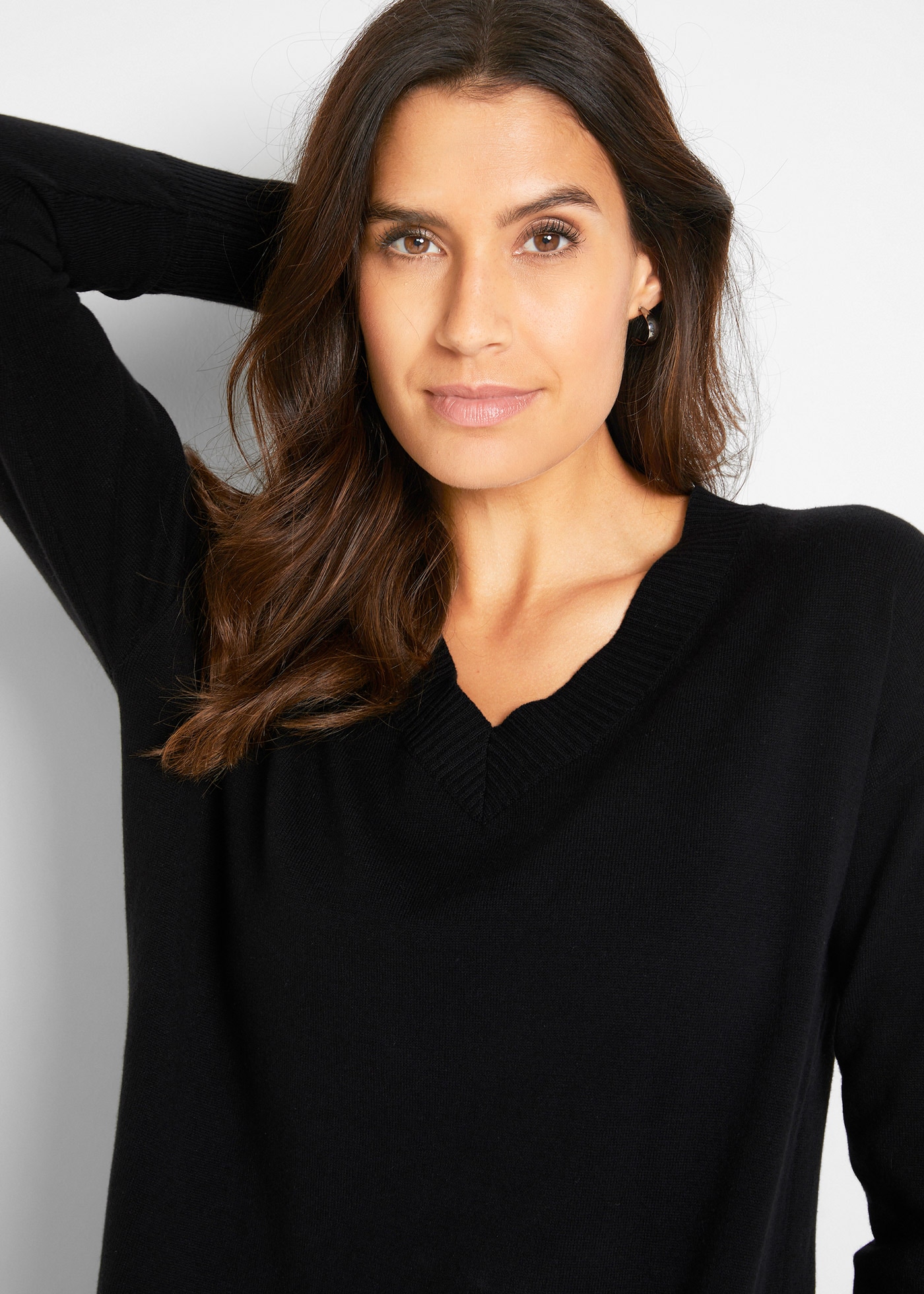 bonprix Longpullover »Long-Pullover« Feinstrick-Baumwollmischung, mit V-Ausschnitt, mit Seitenschlitzen