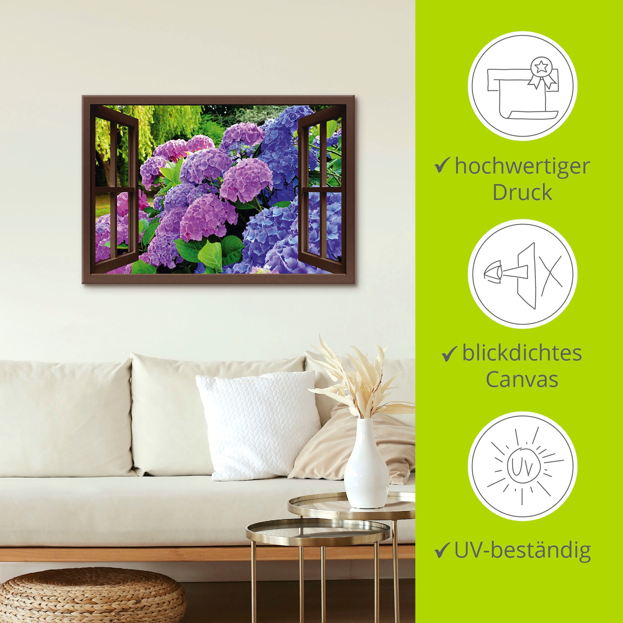 Artland Wandbild »Fensterblick - Hortensien im Garten«, Blumen, (1 St.), als Leinwandbild, Poster in verschied. Größen
