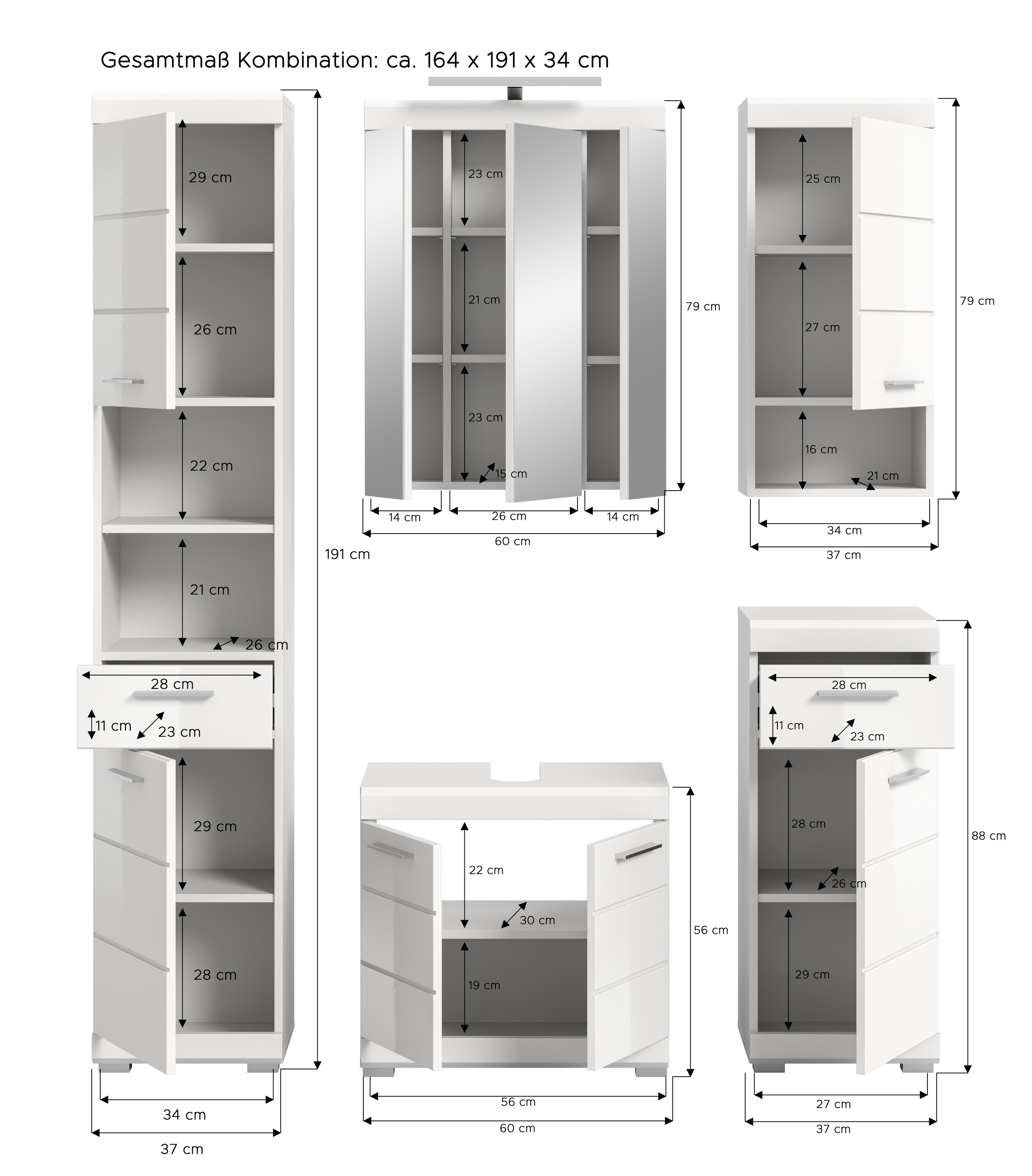 INOSIGN Badmöbel-Set »Siena, 5 teilig, inklusive LED Beleuchtung, bestehend aus:«, (Set), Hochschrank, WBU, Spiegelschrank, Unterschrank, Hängeschrank