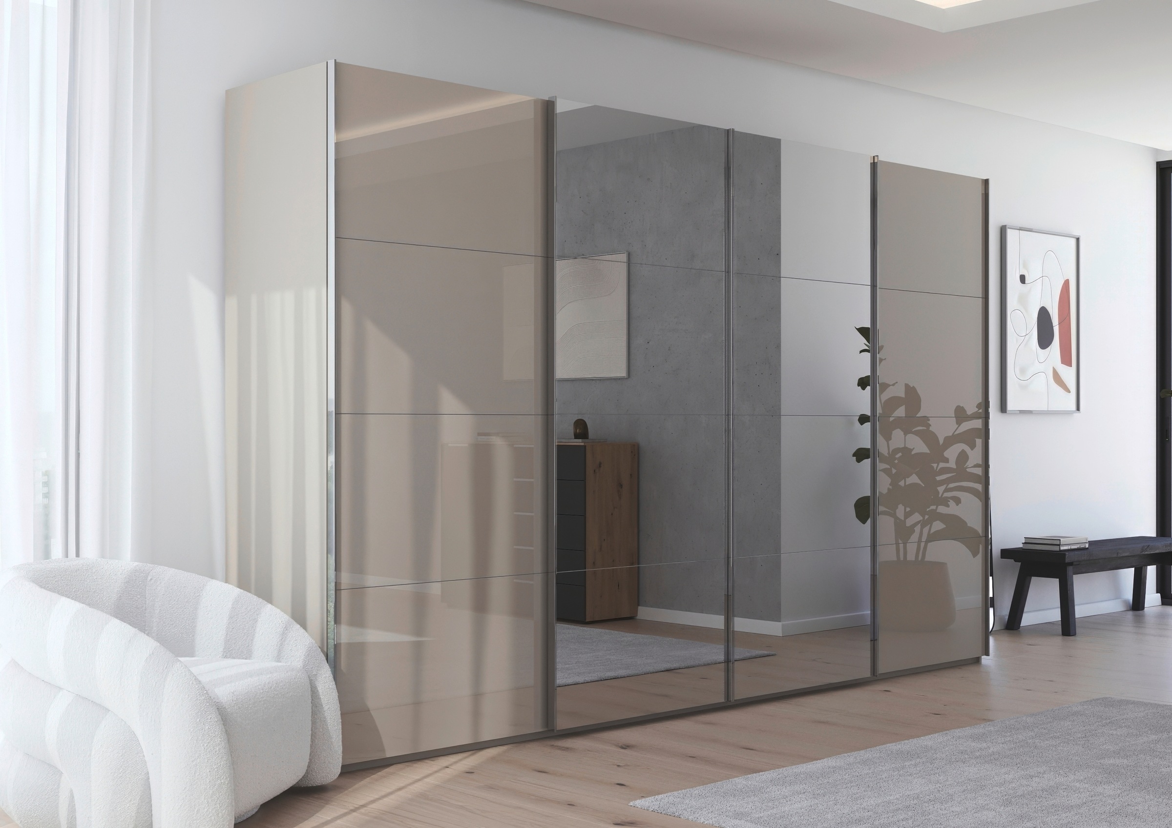 rauch Schwebetürenschrank »Kleiderschrank Schrank Garderobe Schlafzimmerschrank SCALE-FYRA«, edle viergeteilte Türen Spiegel/Glas-Mix viele Farben MADE IN GERMANY
