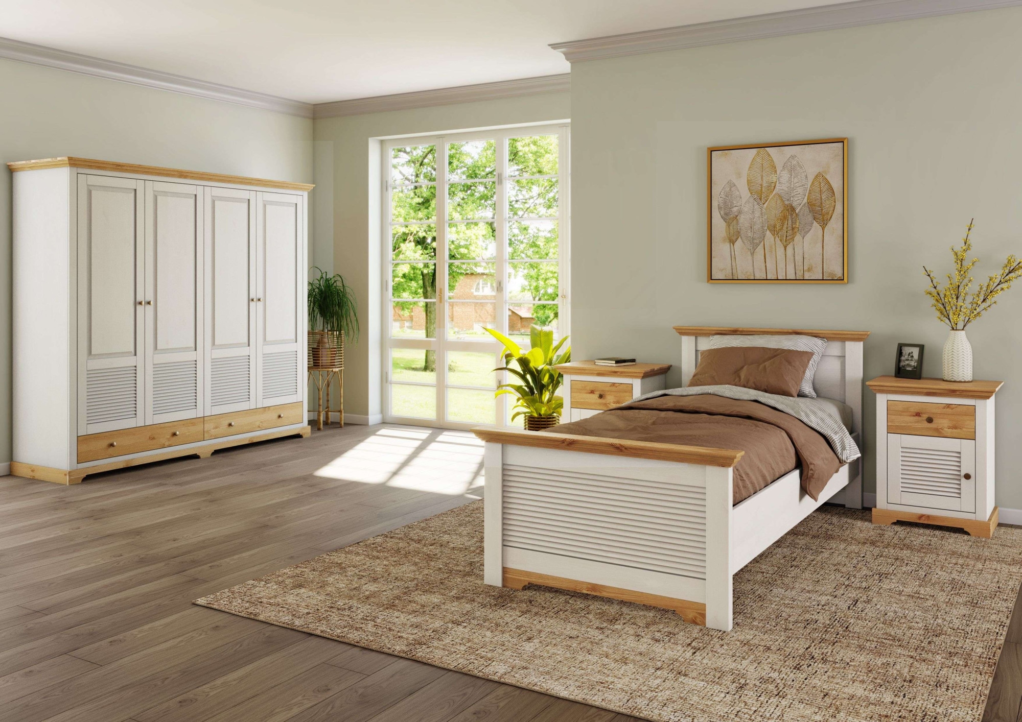 Home affaire Bett »Rauna, Landhausstil, edles Design mit Lamellen und Kassetten, 2 Farben«, (Breite/Belastbarkeit 180cm=220 KG, 90cm=120KG), FSC® zertifiziertes Kieferholz, massive Qualität mit Lattenrost