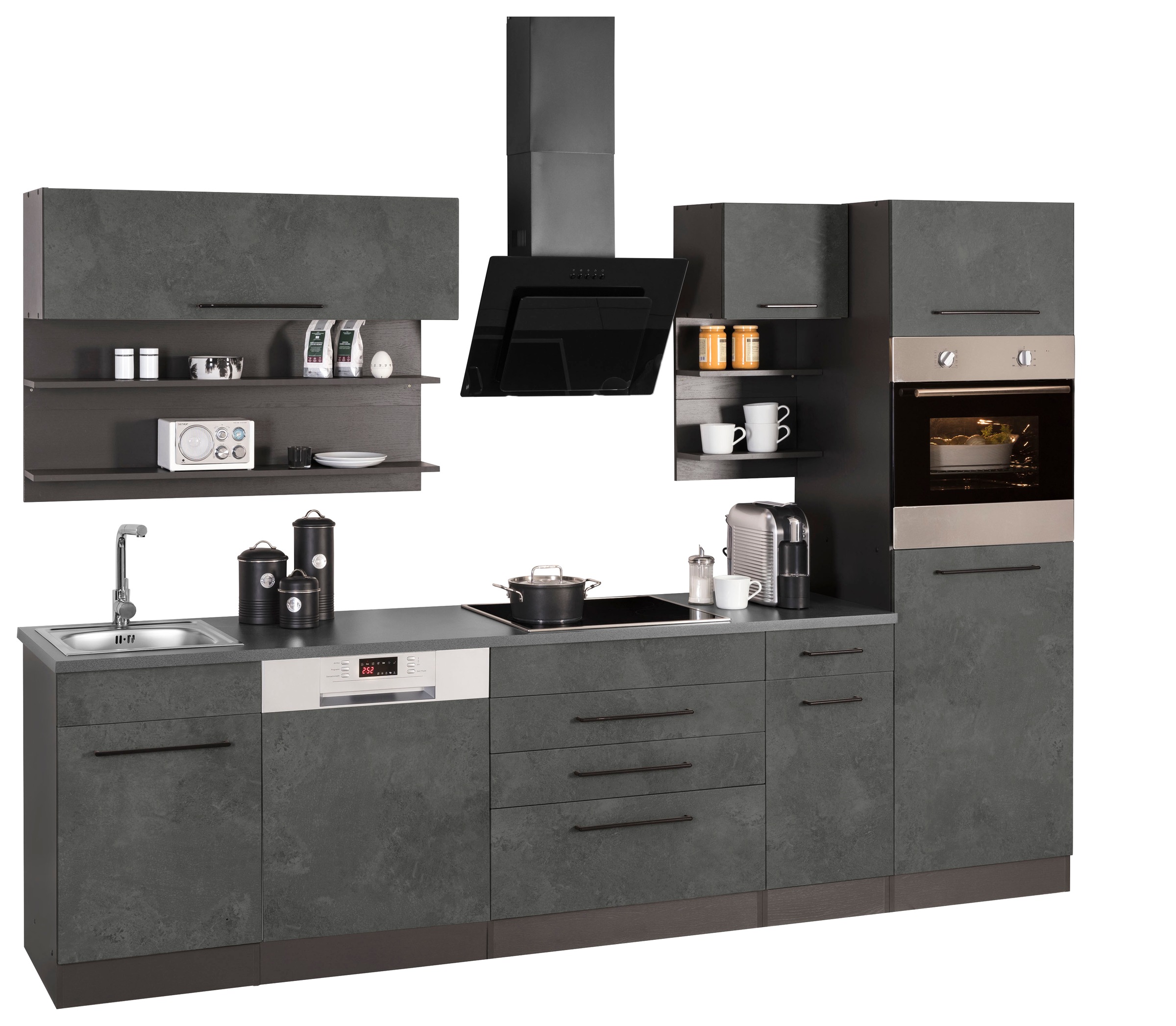 KOCHSTATION Küchenzeile »KS-Tulsa«, mit E-Geräten, Breite 290 cm, schwarze Metallgriffe, MDF Fronten