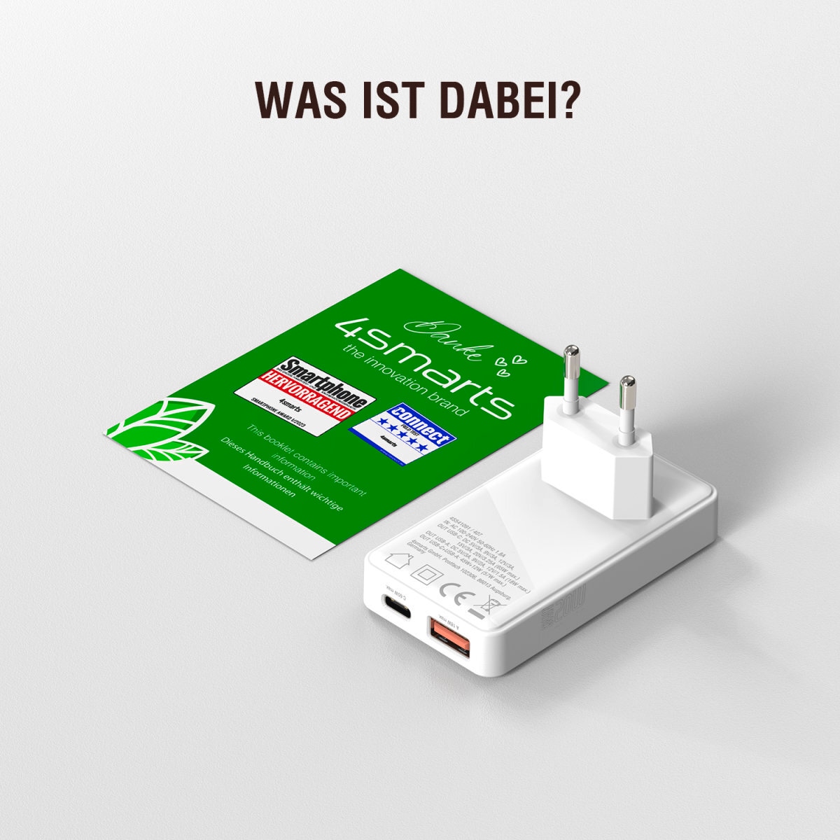 4smarts Universal-Ladegerät »FlatPlug Duos Netzladegerät 65W GaN 1x USB-C+1x USB-A«, (1 St.)