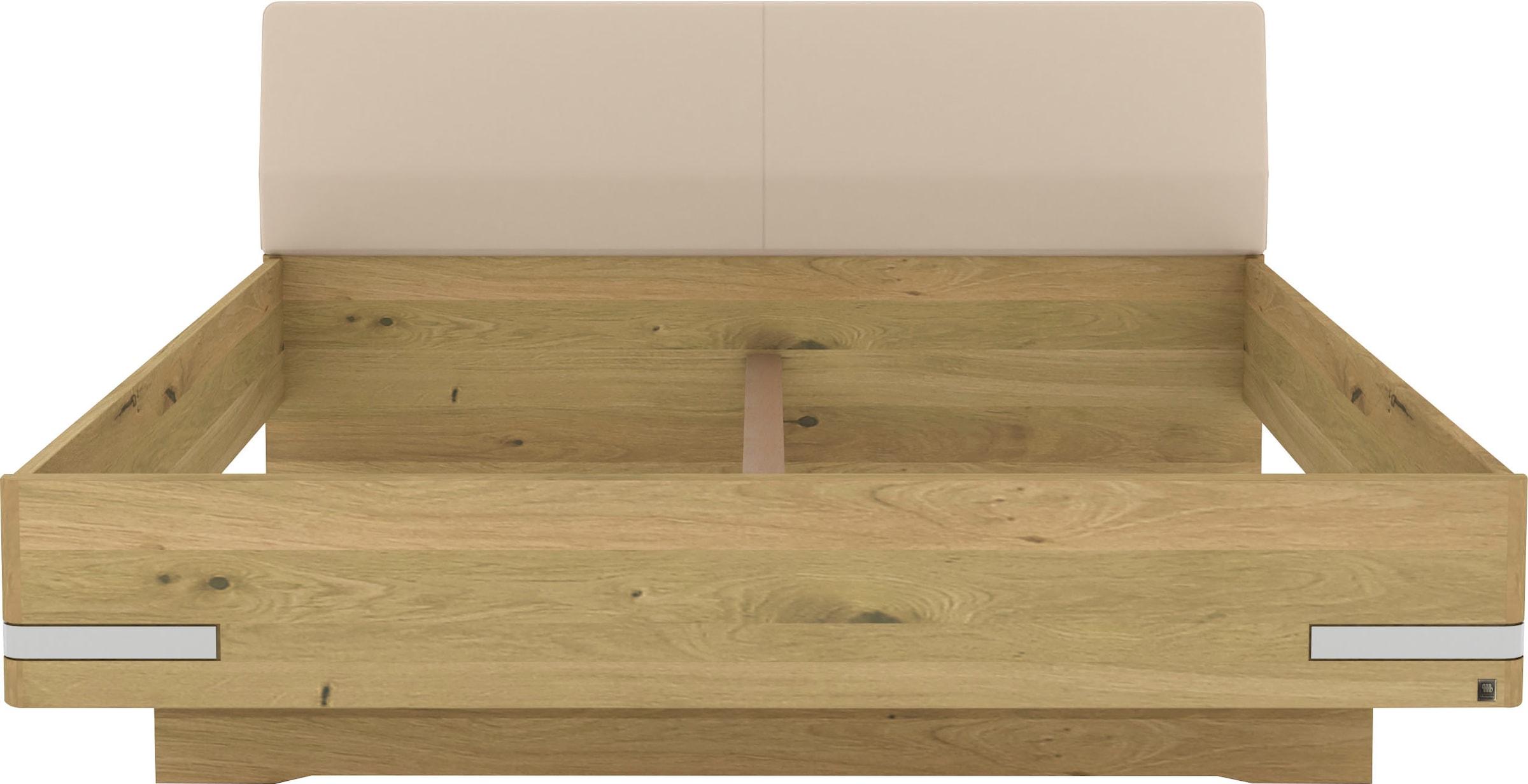 Musterring Holzbett »Savona, Bettgestell, Bettrahmen, teilmassiv Bianco-Eiche«, (Belastbarkeit 220 Kg, 4-fache Liegehöhenverstellung, MADE IN GERMANY), Kopfteil Kunstleder Champagner, Details in Chrom, verschiedene Größen