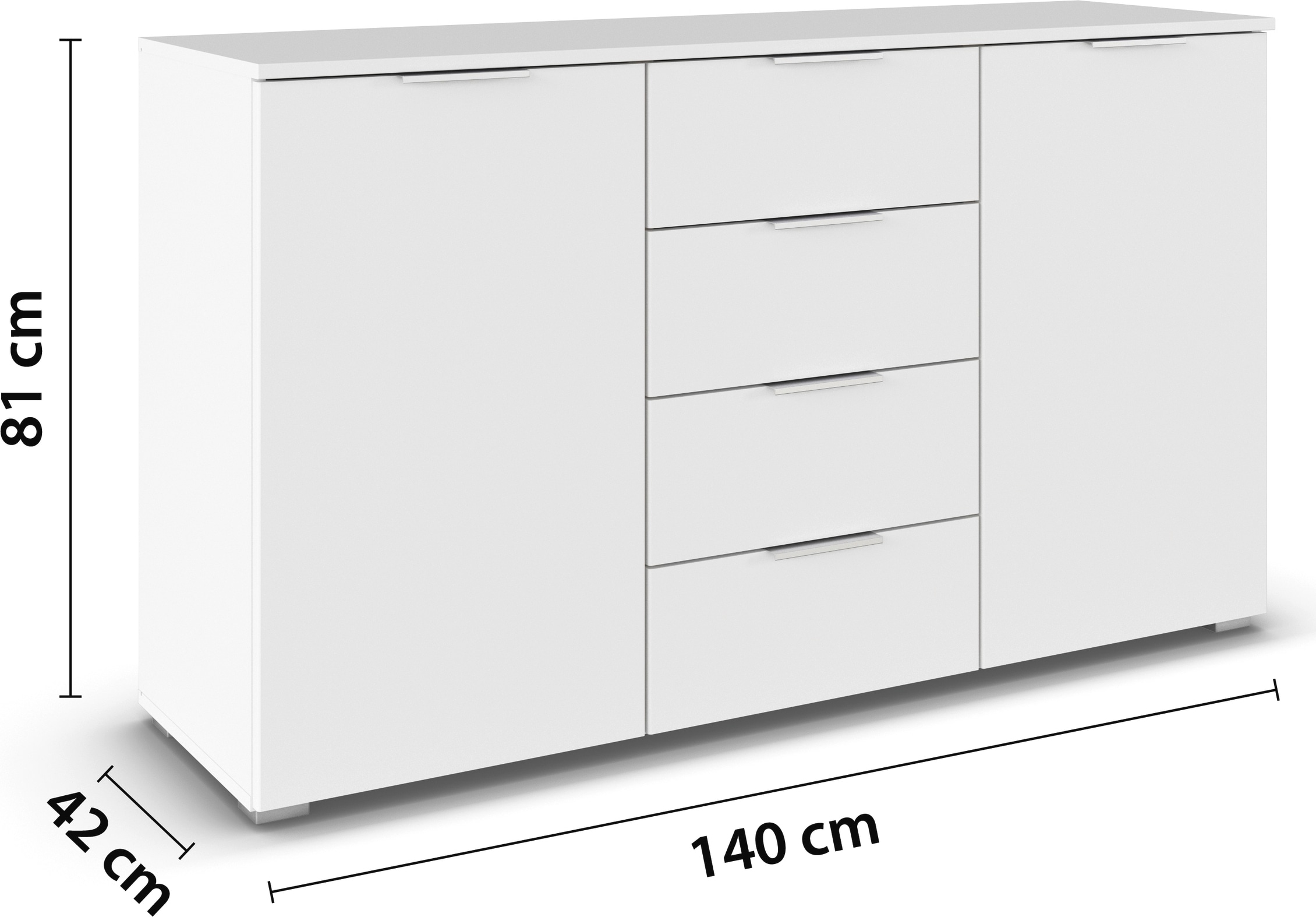 rauch Kombikommode »Sideboard Schubladenkommode AGORDO mit Dekor- oder Hochglanzfront«, (in zwei Griff-Farben), mit 4 Schubkästen und 2 Türen sowie Metallgriffen MADE IN GERMANY