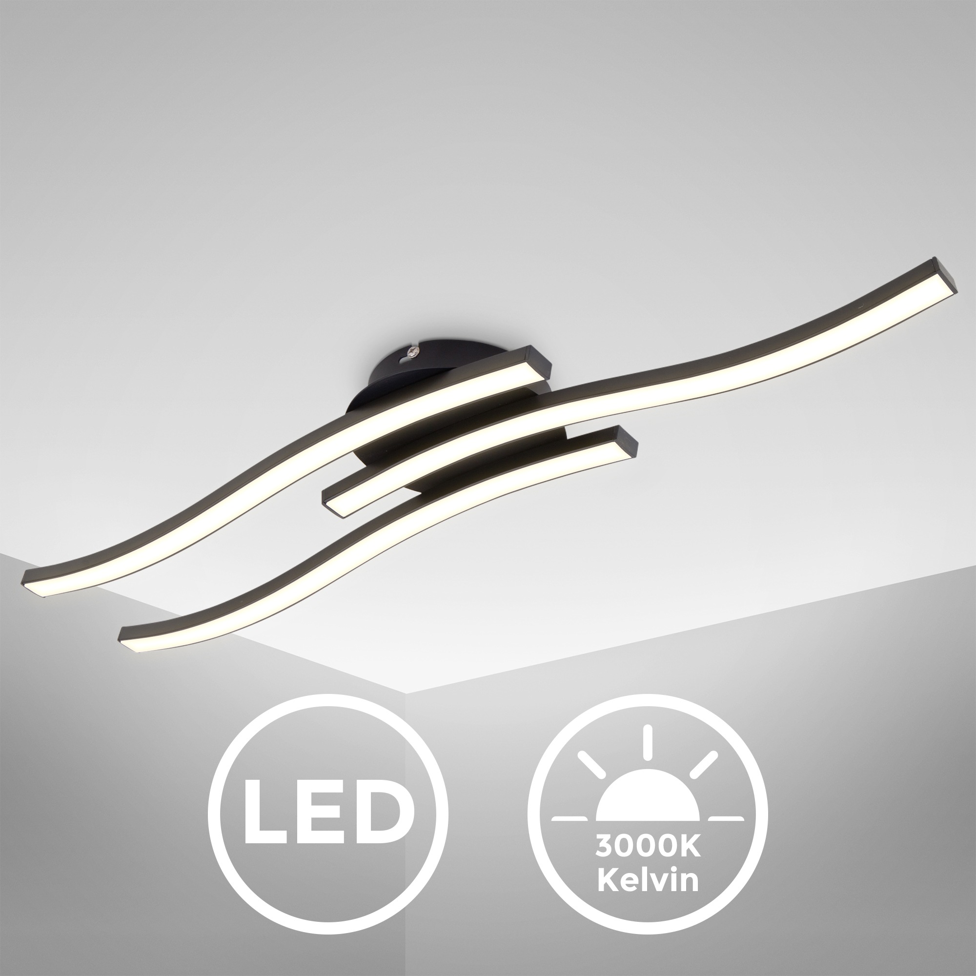 B.K.Licht LED Deckenleuchte »BK_DL1432 LED Deckenlampe, 3.000K Warmweiß, 3x 6 Watt, 3x 480 Lumen«, 3 flammig, Leuchtmittel LED-Modul | LED fest integriert, Geschwungende Deckenlampe, Länge: 56,5 cm, Schwarz