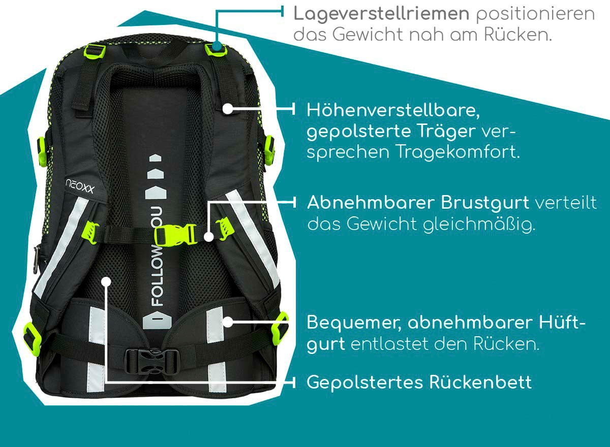 neoxx Schulrucksack »Active, All reflektierende aus Details, PET-Flaschen bestellen about recycelten online Neon«
