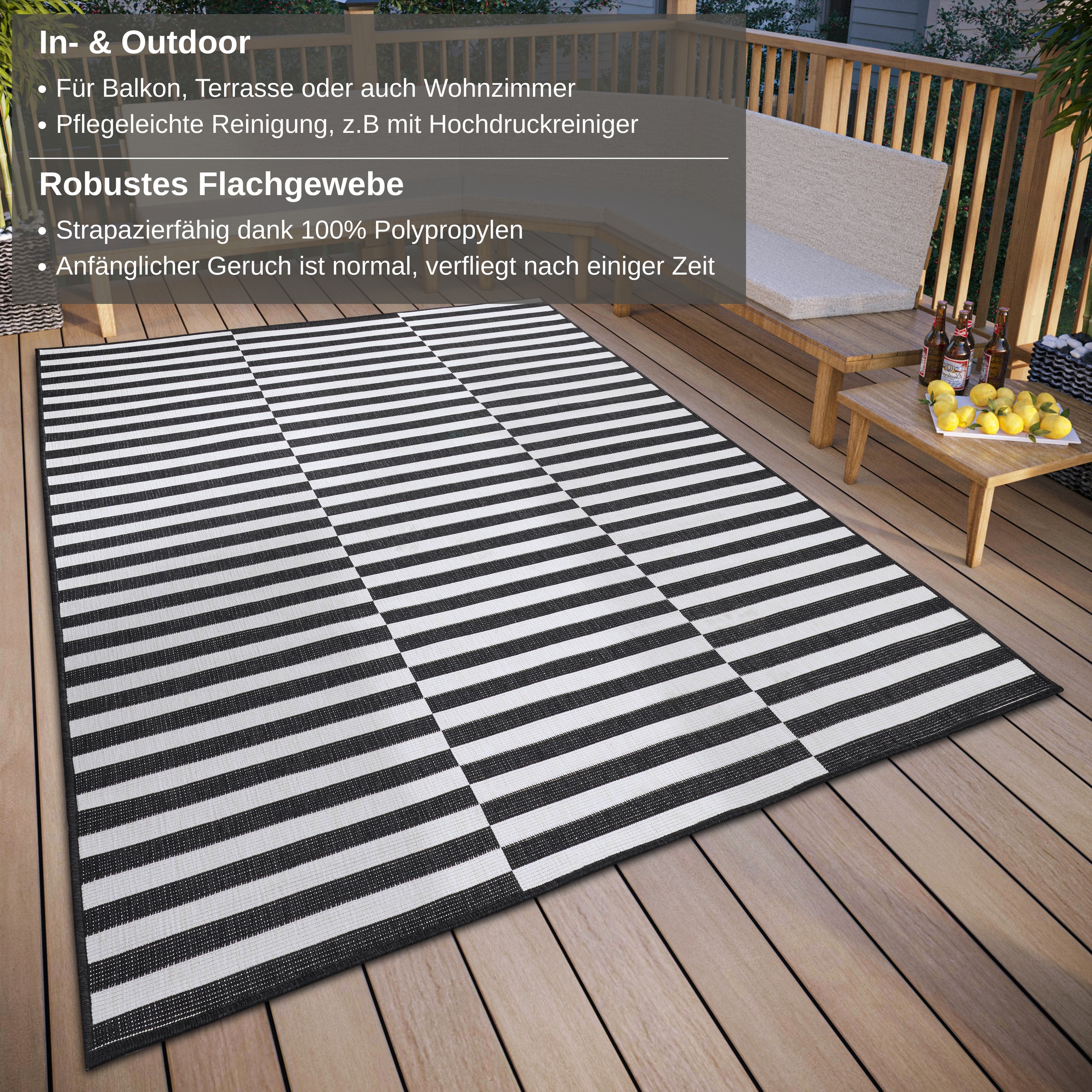 my home Teppich »Viela  Outdoor Wendeteppich, auch als Läufer erhältlich«, rechteckig, 5 mm Höhe, schwarz weiß, Flachgewebe, Balkon, Wohnzimmer, In-Outdoor, wasserfest