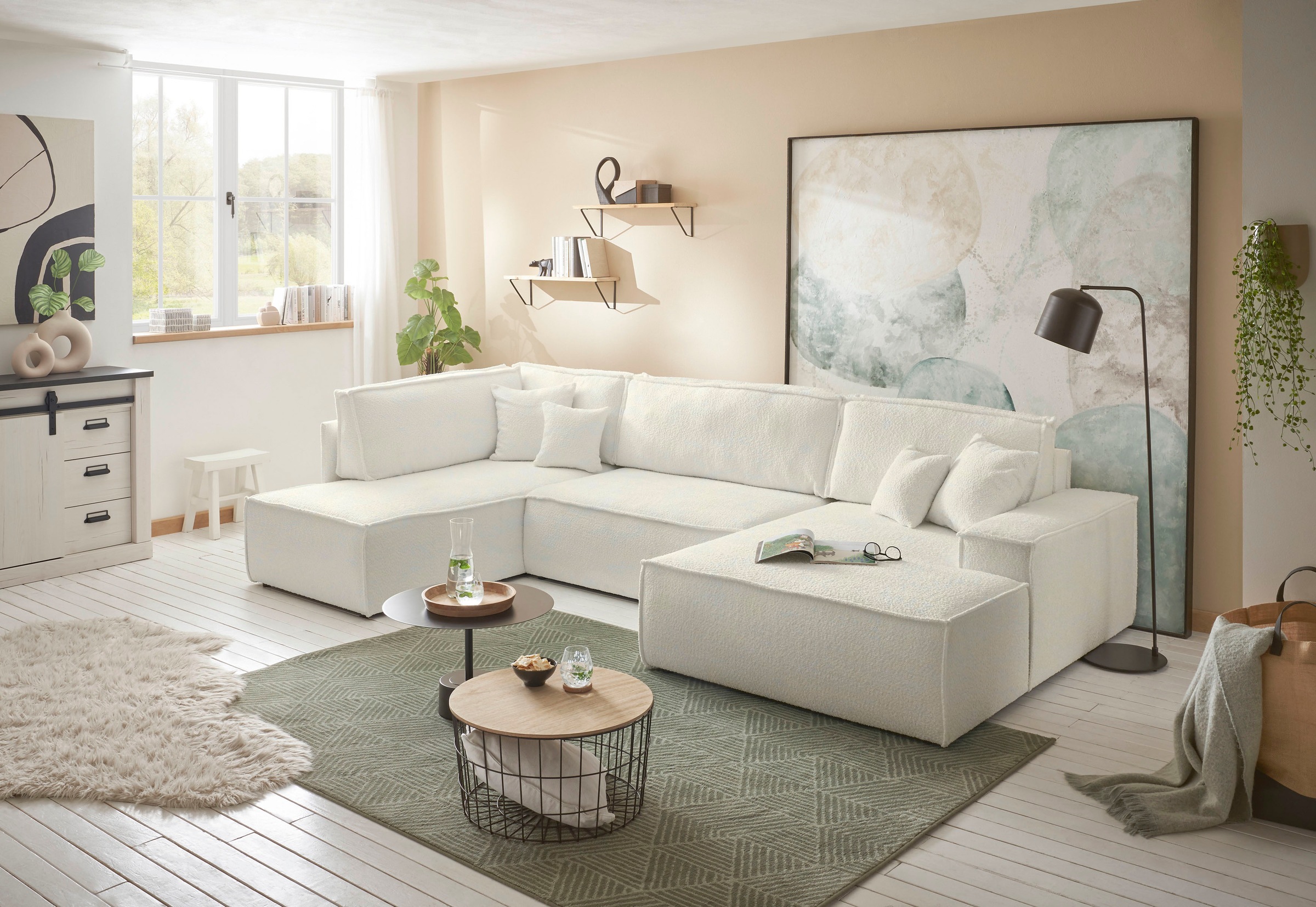 andas Wohnlandschaft »FINNLEY U-Form XXL 329 cm, Schlafsofa, Schlaffunktion m. Bettkasten«, (194/139 cm), Bouclé, Struktur und Cord