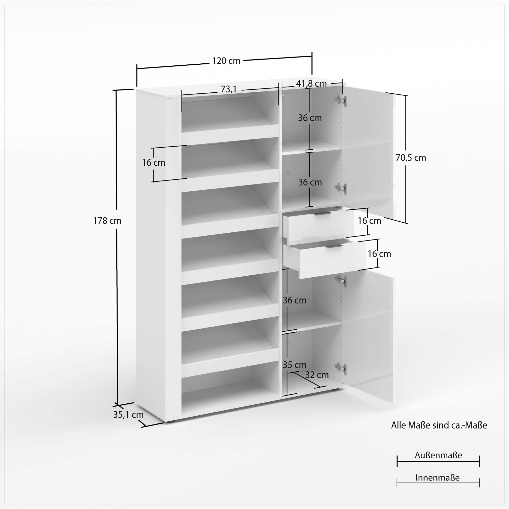INOSIGN Schuhschrank »BOOST, Schuhschrank,Schuhregal, Breite 120 cm, LED optional bestellbar« 1 Stk. tlg. Hochglanz lackiert mit 7 offenen Fächern, 2 Türen und 2 Schubkästen