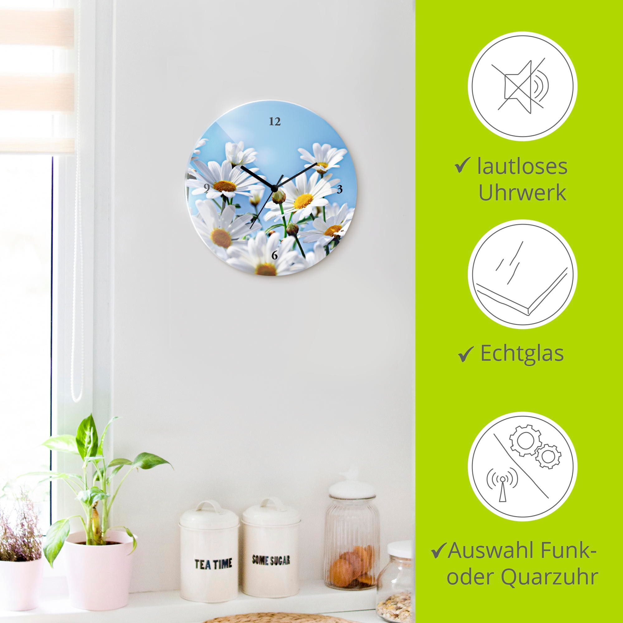 Artland Wanduhr »Blumen - Margeriten« wahlweise mit Quarz- oder Funkuhrwerk, lautlos ohne Tickgeräusche