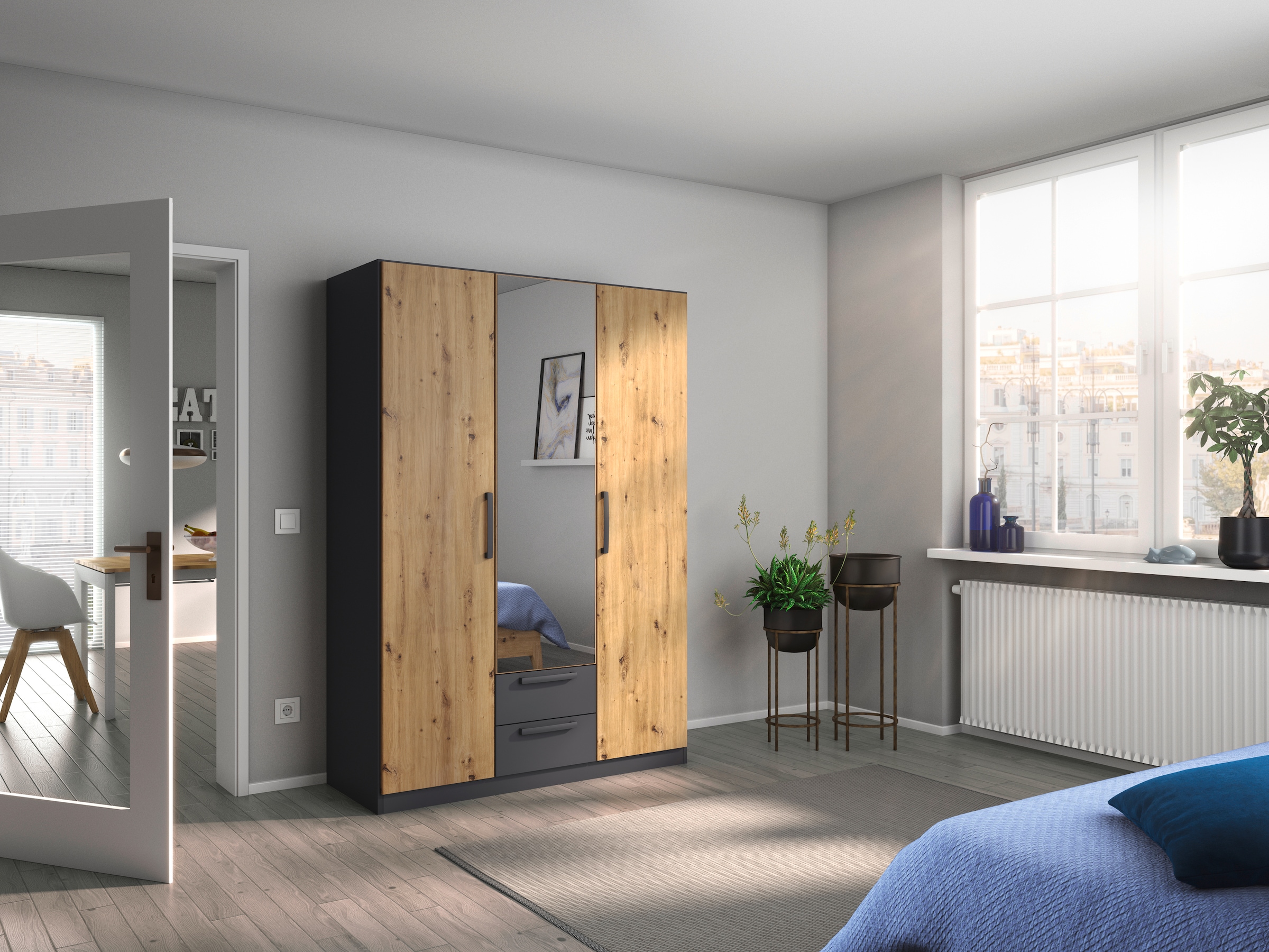 rauch Drehtürenschrank »StyleUp«, Typ Dark & Wood mit trendigen farblich abgesetzten Griffen