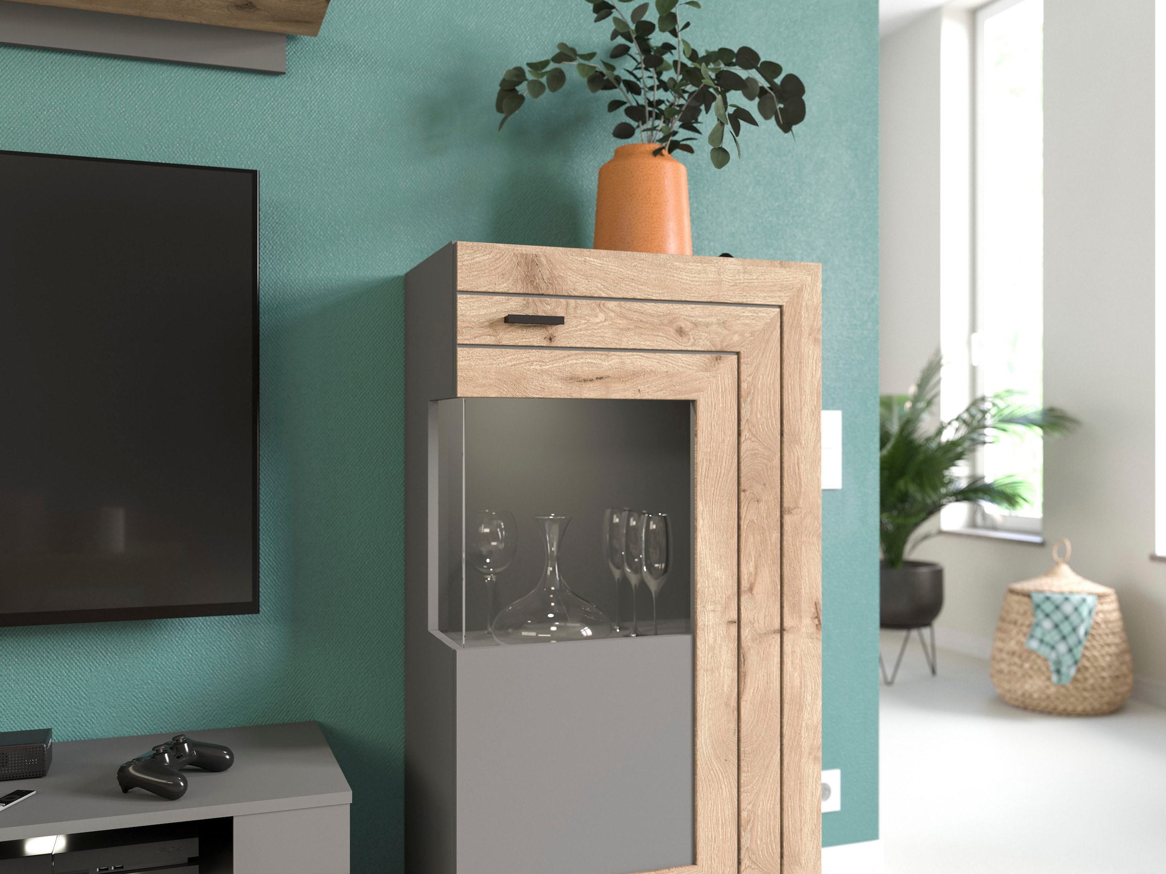INOSIGN Wohnwand »Aalborg, Breite 290cm, 2-farbig,Metallgriffe, 4-teilig, bestehend aus:«, (4 St.), 1x Vitrine, 1x Lowboard, 1x Wandboard und 1x Stauraumschrank