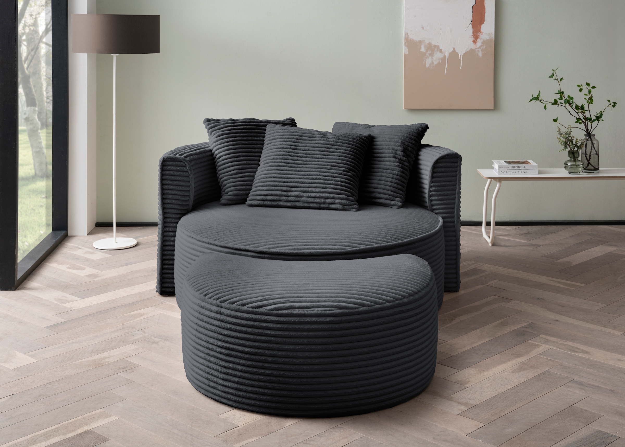 LeGer Home by Lena Gercke XXL-Sessel »Isalie, Rundsessel mit Hocker, Lesesessel, Loveseat, Big-Sessel«, (Set), trendige Stoffe, mit 3 Zierkissen, große Sitzfläche