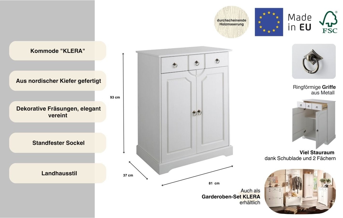 Home affaire Kommode »Klera«, Breite 81 cm, aus massiver Kiefer, FSC®-zertifiziert