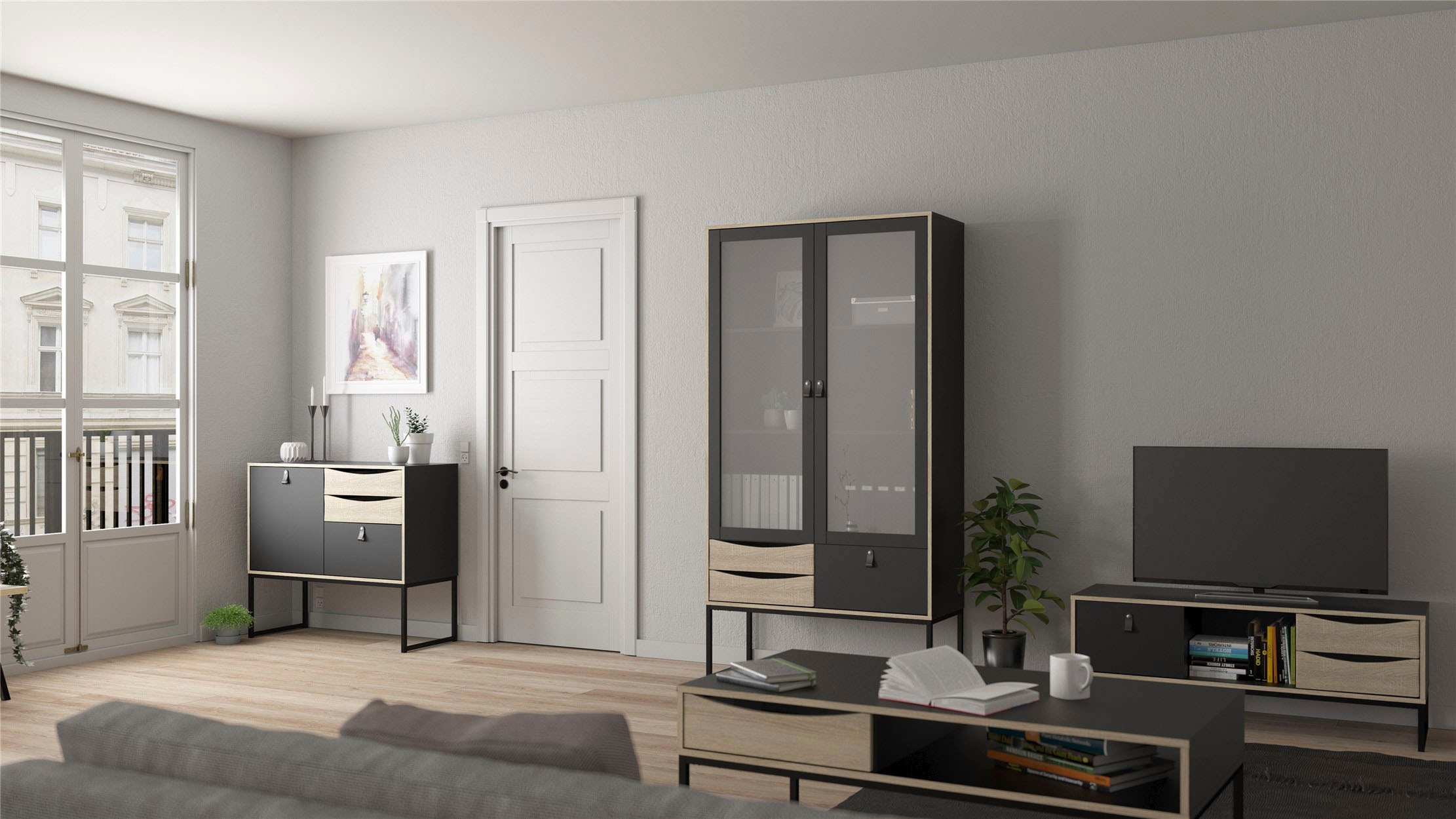 andas Sideboard »Stubbe«, Kommode Breite 98,7 cm, 1 Tür und 3 Schubkästen, Ledergriffe