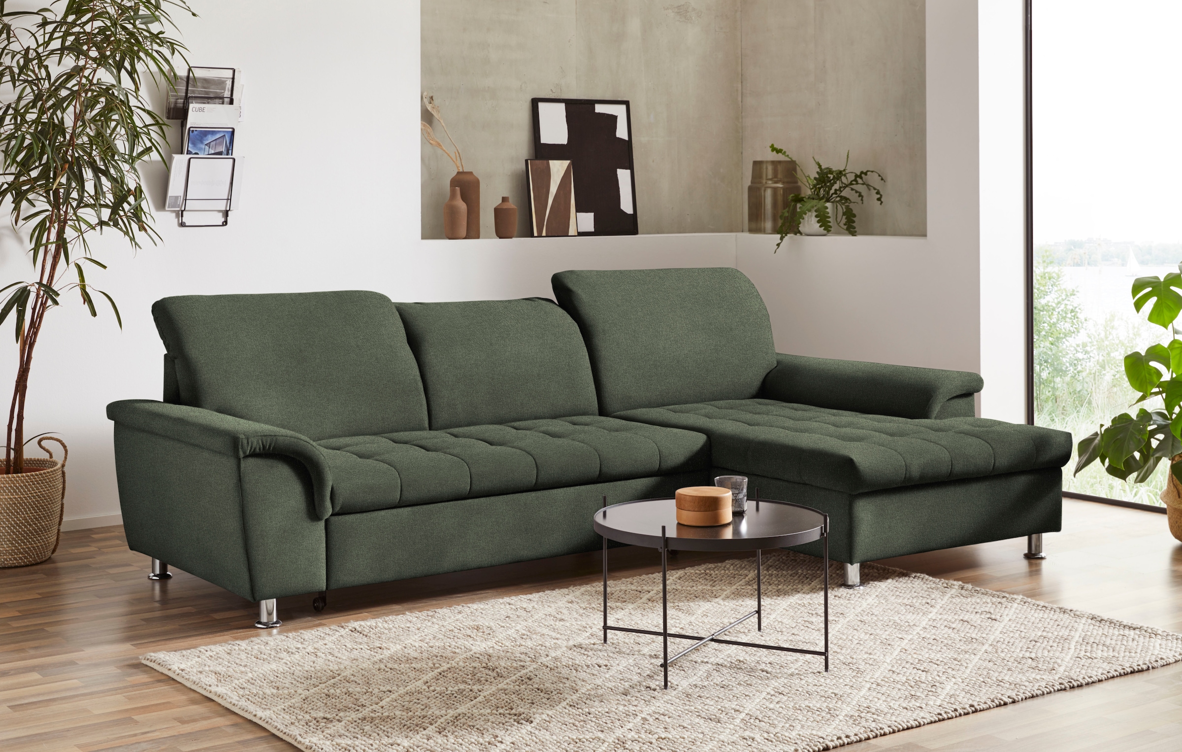 DOMO collection Ecksofa »Franzi, zeitlos und elegant, moderne Sitzheftung, L-Form«, wahlweise mit Kopfteilverstellung (dann Tiefe: 170 cm)