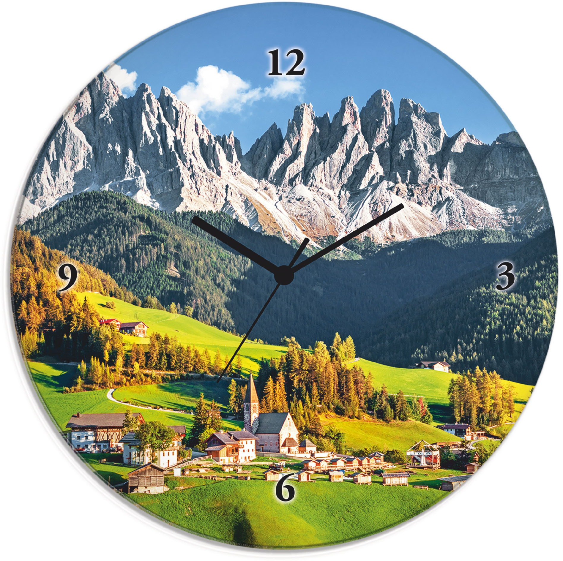 Artland Wanduhr "Glasuhr rund Alpen Berge Santa Maddalena", wahlweise mit Q günstig online kaufen