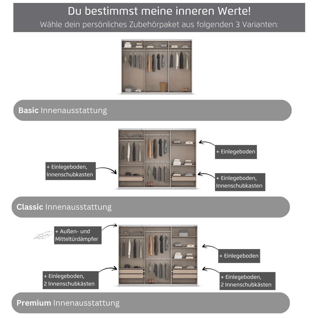 rauch Kleiderschrank »Schwebetürenschrank OTTO´s Choice Garderobe Schrank TOP ANGEBOT Avola«, (in 3 verschiedenen Ausstattungen BASIC/CLASSIC/PREMIUM), mit eleganten Zierleisten in Chrom, Schwarz oder Weiß MADE IN GERMANY