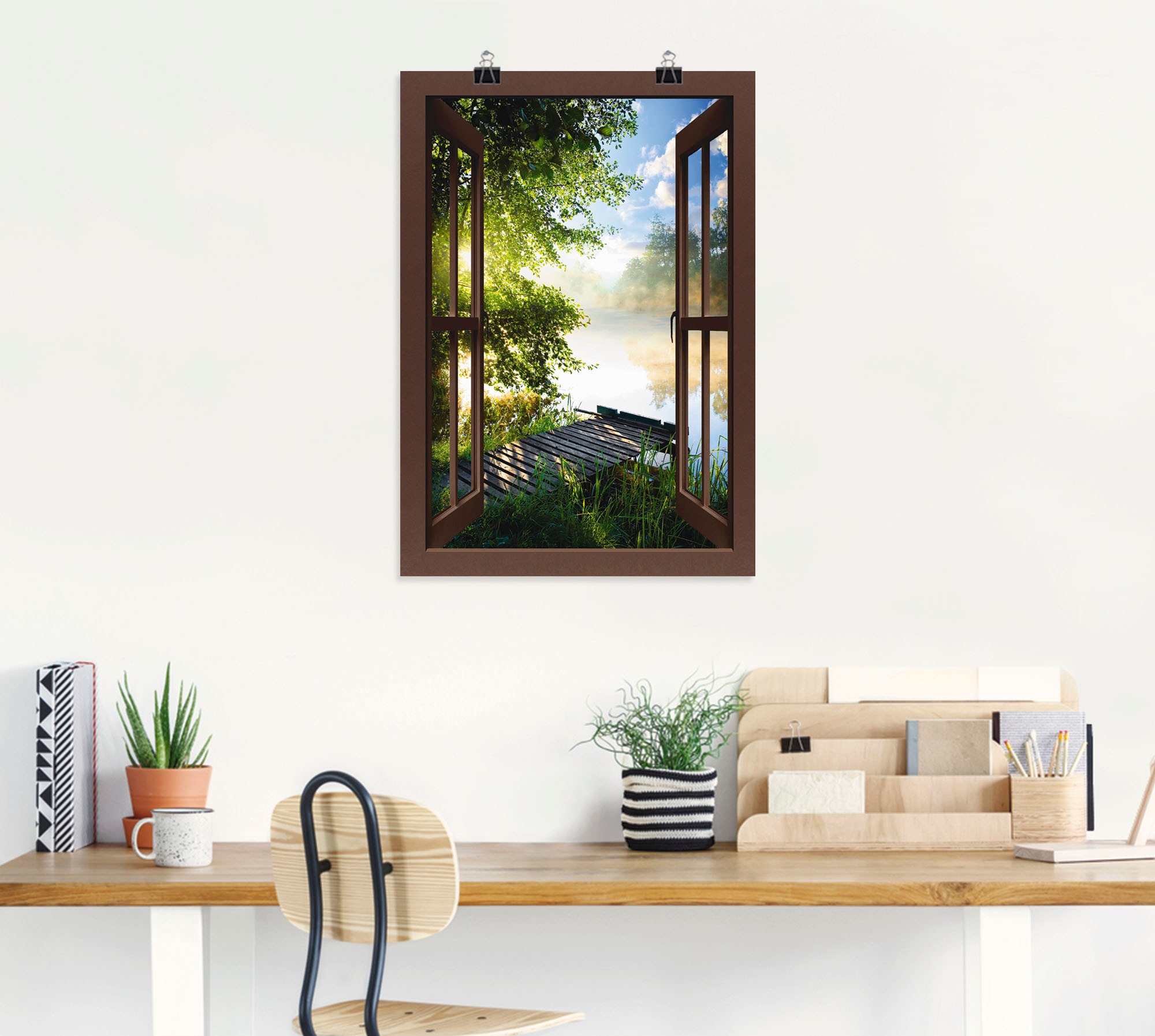 Artland Wandbild »Fensterblick Angelsteg am Fluss«, Fensterblick, (1 St.), als Alubild, Outdoorbild, Leinwandbild, Poster, Wandaufkleber