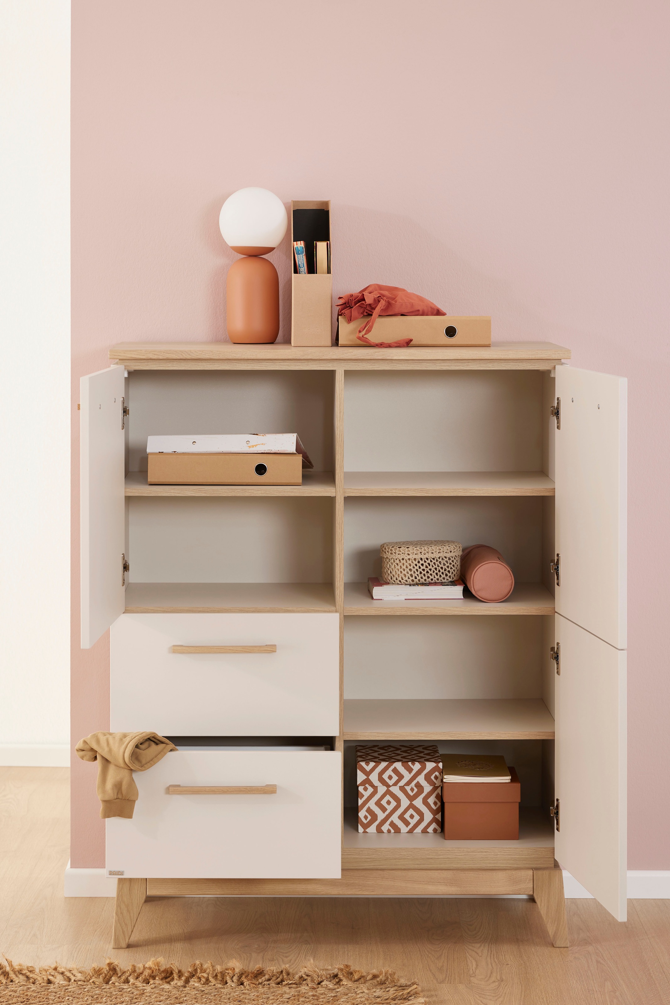 PAIDI Highboard »STIENE in Beige oder Grau, 2 Schubladen und 2 Türen mit Soft-Close« B/H/T ca. 95/123/40cm,  stabiles Regal mit Massivholz, Standregal, geprüfte Qualität