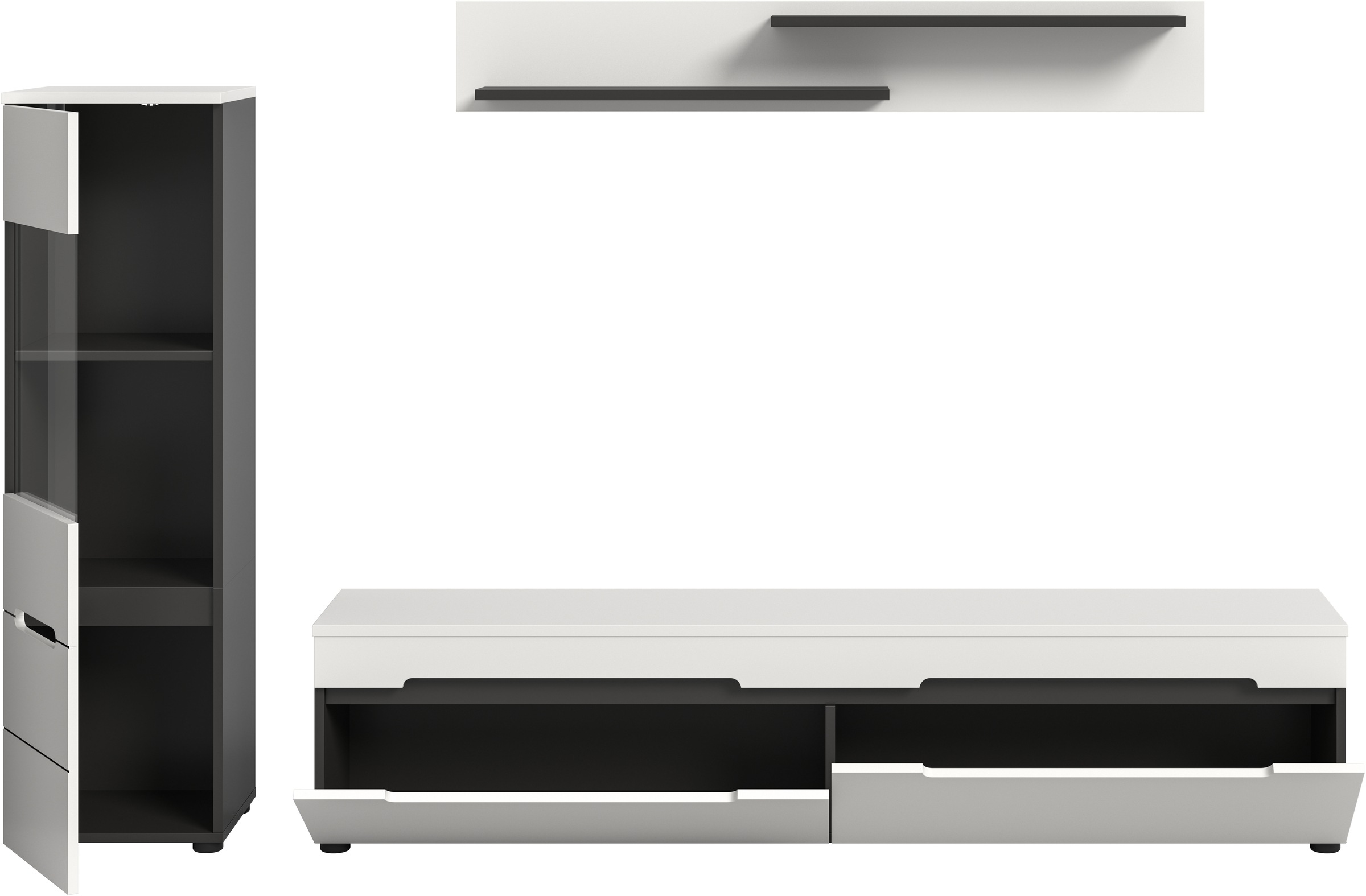 INOSIGN Wohnwand »REHAT, TOPSELLER!, 3-teilig, best. aus: Vitrine,Lowboard & Wandboard«, (2 St., Breite 221 cm, stehend oder hängend montierbar), Kombination, Anbauwand, Set, Wohn-Set, Wohnzimmer-Set, Schrankwand