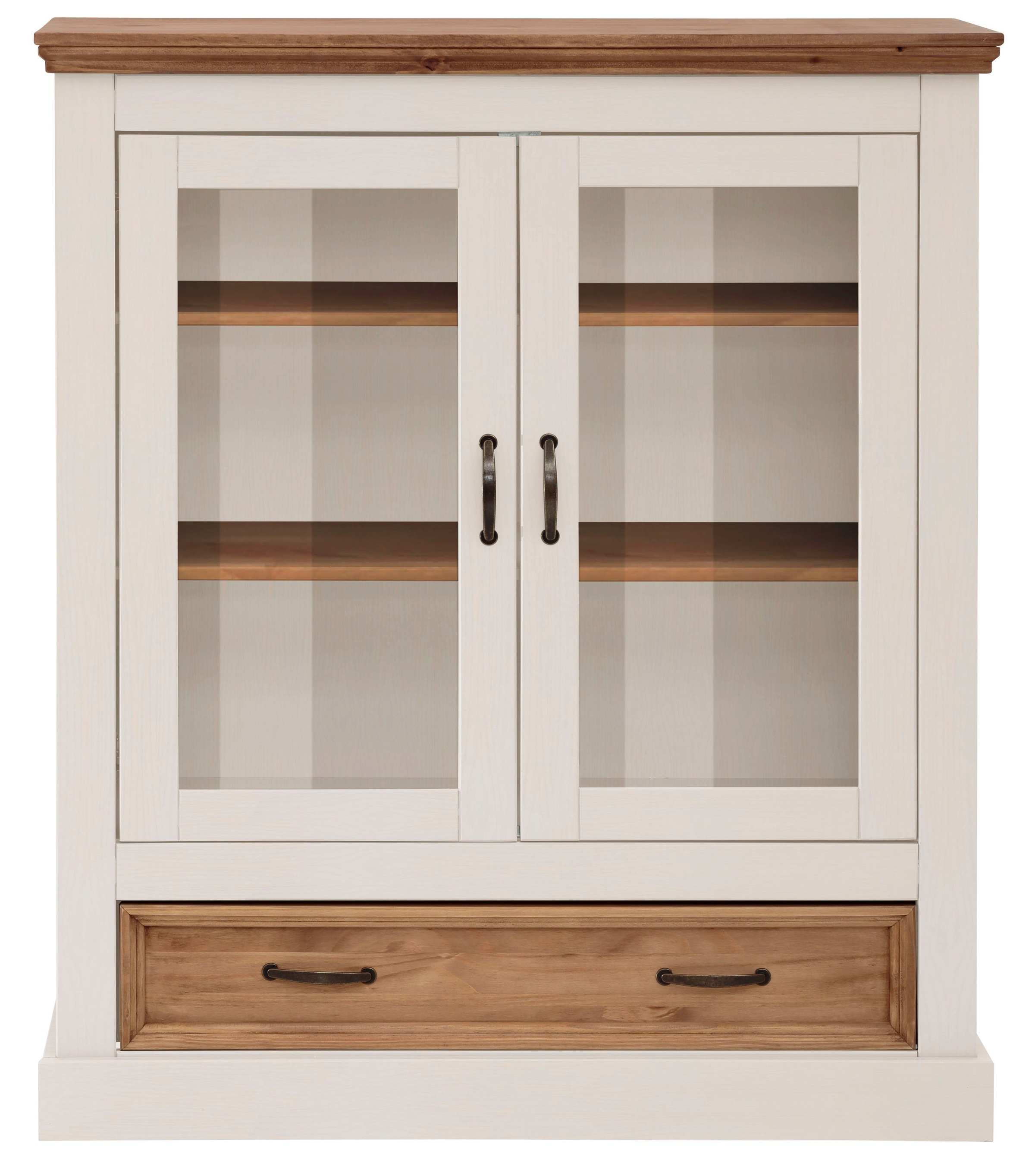 Home affaire Vitrine »Selma Highboard«, aus massivem Kiefernholz, mit Griffen aus antikisiertem Metall