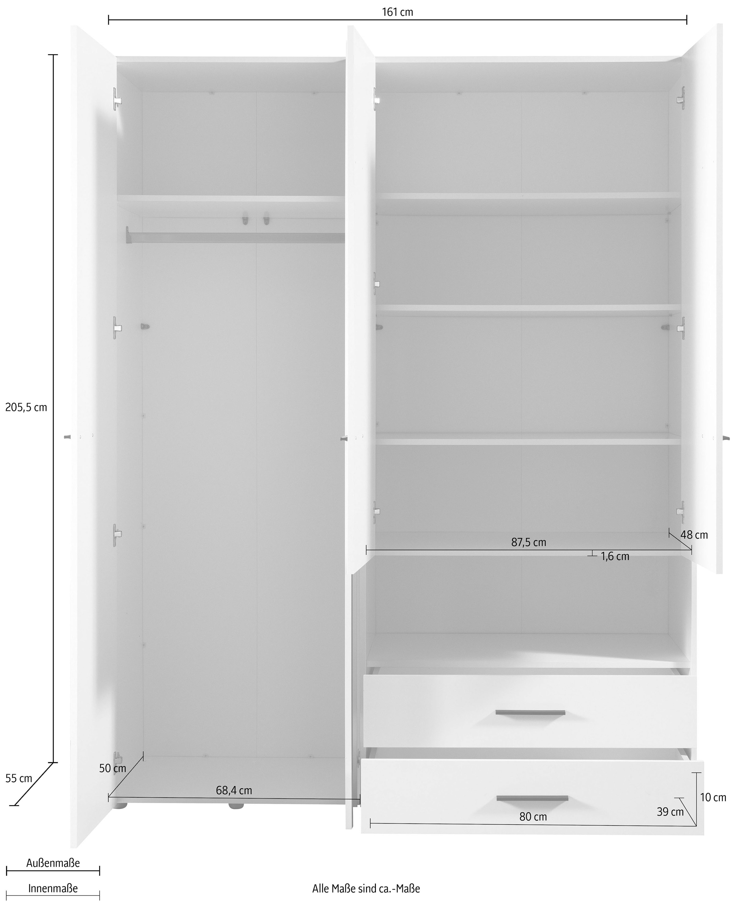 INOSIGN Kleiderschrank »Leon, FSC® -zertifiziertem Holzwerkstoff«, mit Spiegel, Innenausstattung und 2 Schubladen, 127,5x55x205,5cm