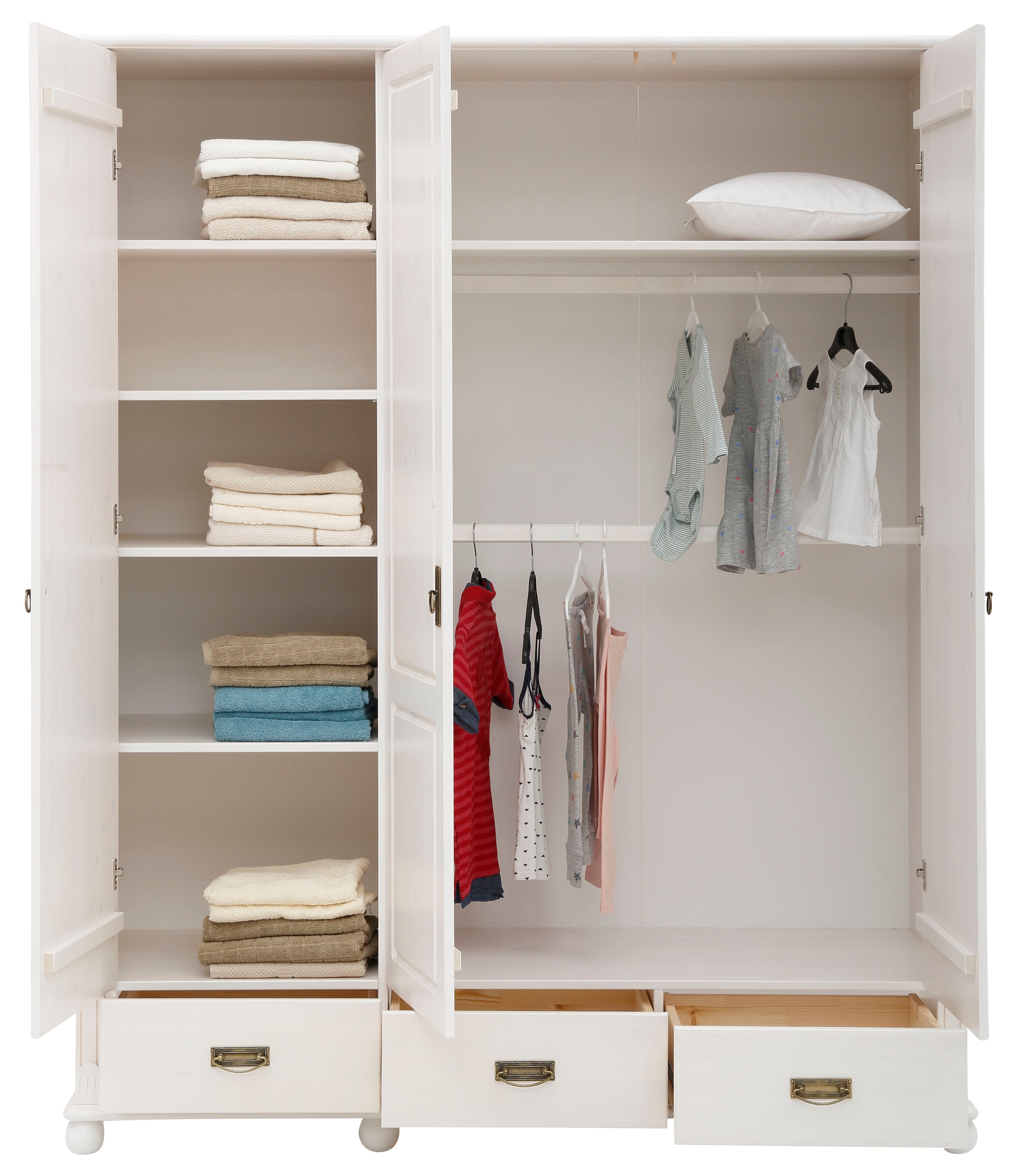 Home affaire Drehtürenschrank »"Aimo", 3 türig, Landhausstil, Kassetten«, (B/H/T ca. 152/191/59 cm), aus Massivholz; FSC®-Holz, Messinggriffe, Schubladen, stabile Qualität