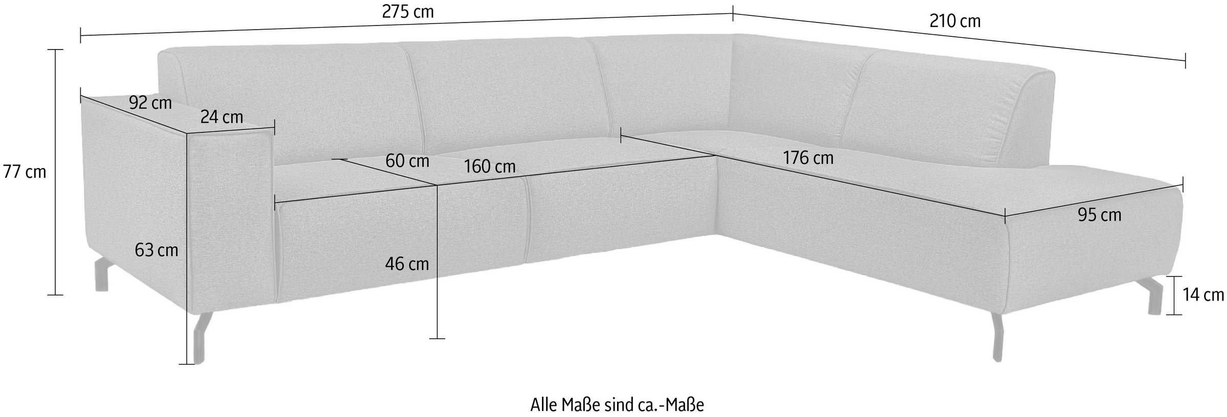 Places of Style Ecksofa »Lorcan, Breite 275 cm, weiches Sitzgefühl«, mit schwarzen Metallfüßen, Lederoptik und in weichem Strukturstoff