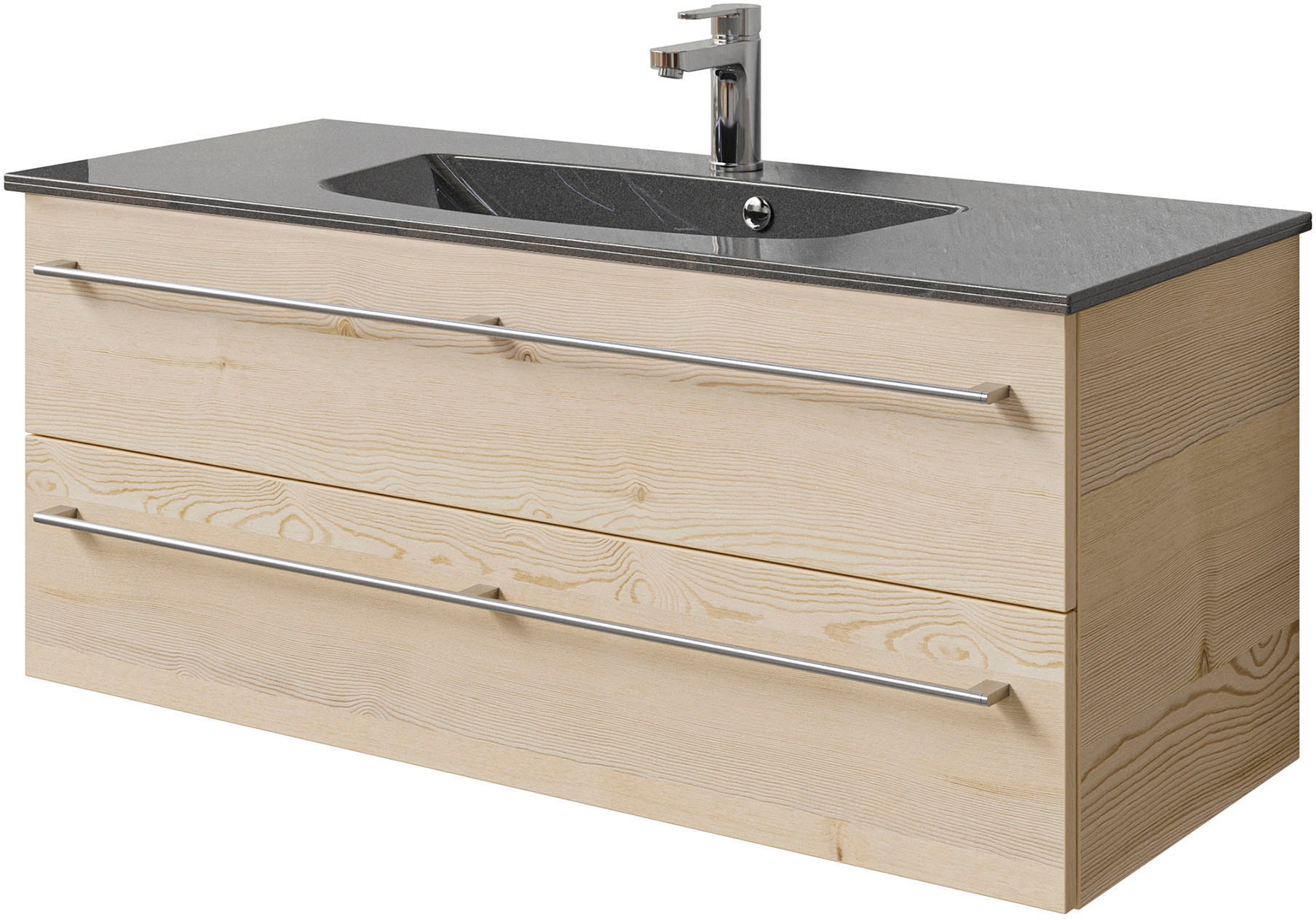 Saphir Badmöbel-Set »Serie 6025 2-teilig Mineralmarmor-Waschtisch mit LED-Spiegelschrank«, (2 St.), Waschplatz 117cm breit, 2 Schubladen, 3 Spiegel-Türen, inkl Türdämpfer