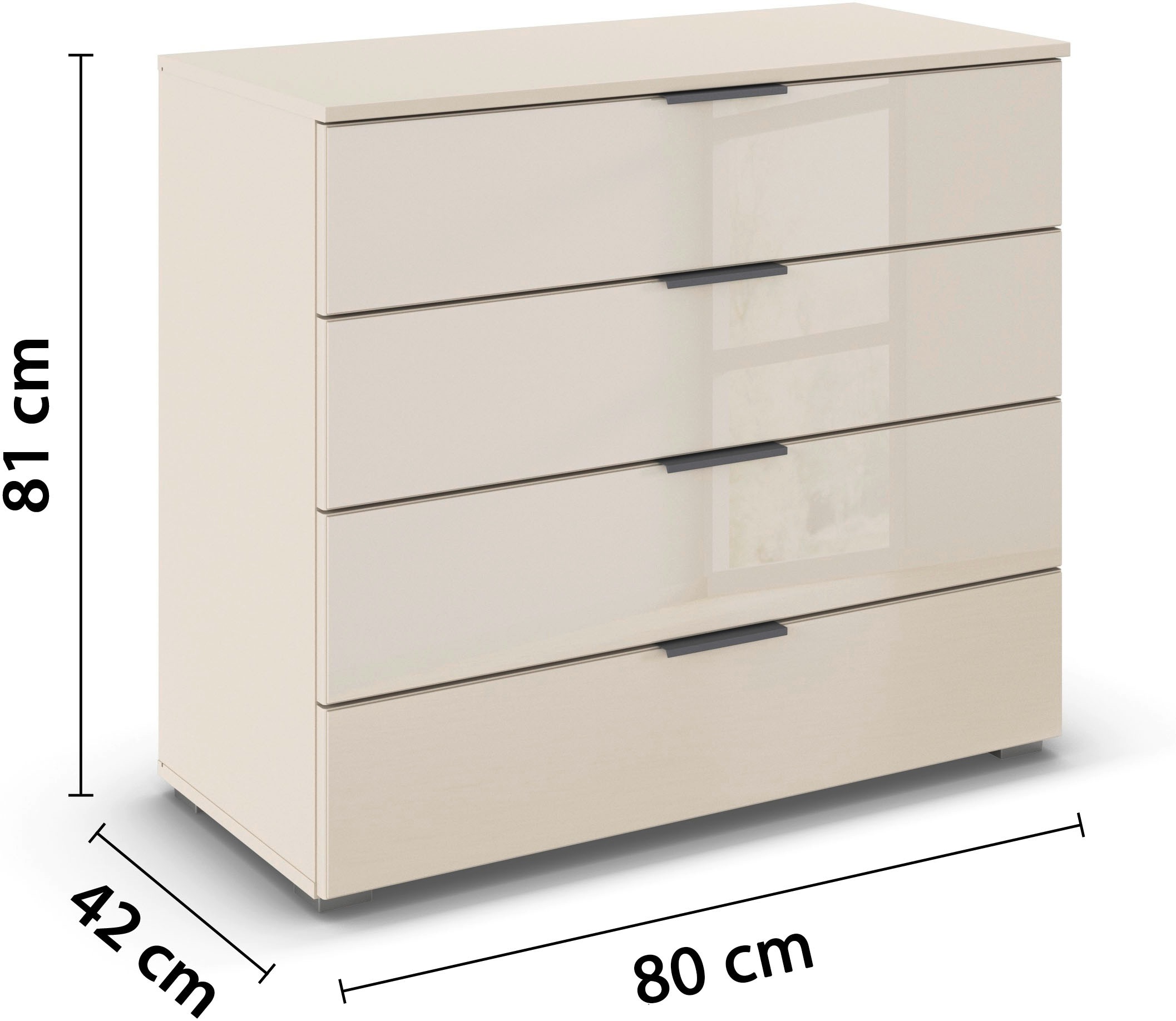 rauch Schubkastenkommode »Sideboard Schubladenkommode Schubladenkommode AGORDO mit Glasfront«, (in zwei Griff-Farben, Breite 80 cm inkl. Soft-Close-Funktion), vier große und geräumige Schubladen mit viel Stauraum MADE IN GERMANY