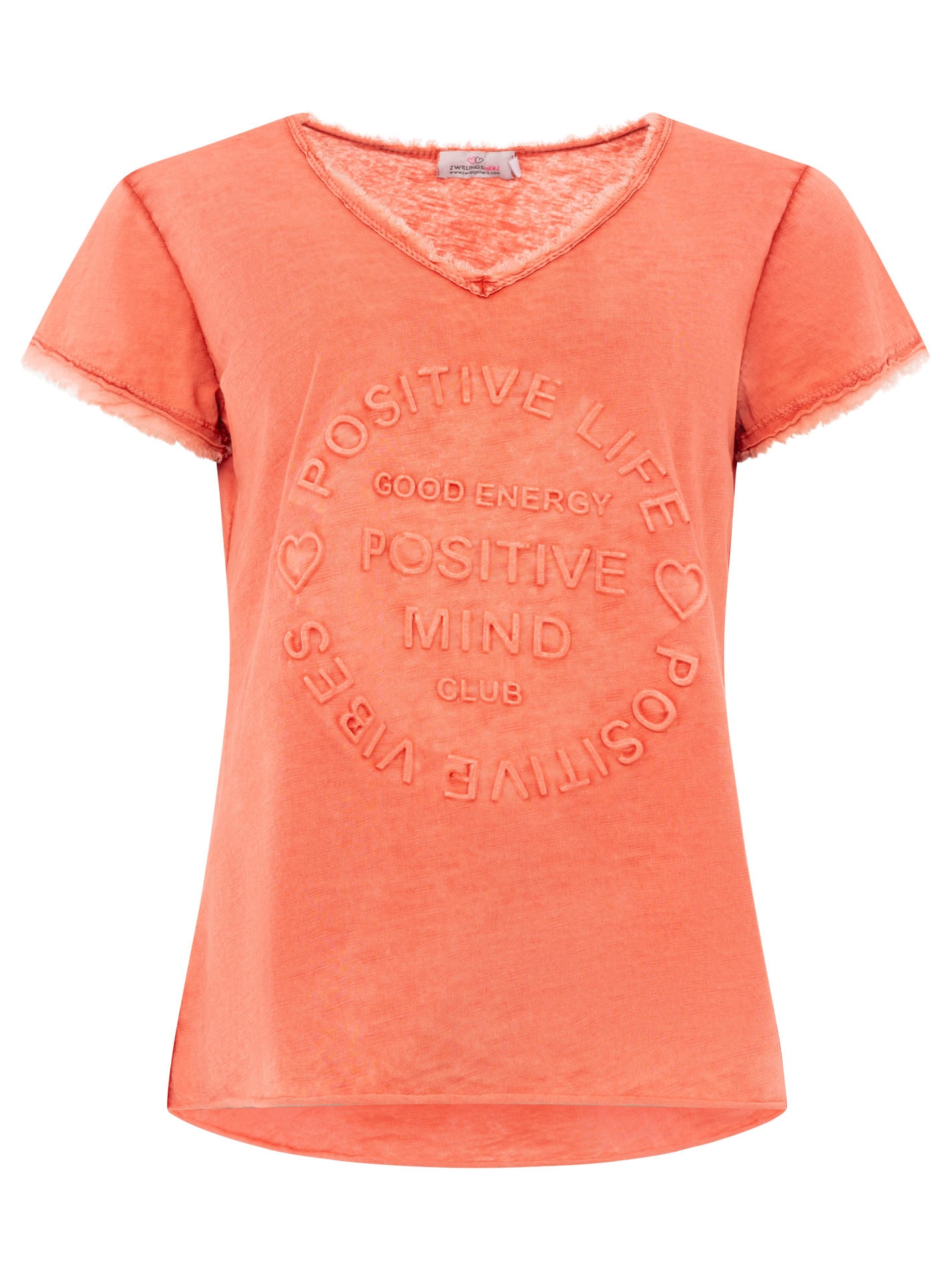 Zwillingsherz T-Shirt »"Positive Mind"«, V-Ausschnitt, Kurzarm, Used-Look, Baumwolle, ausgefranste Kanten