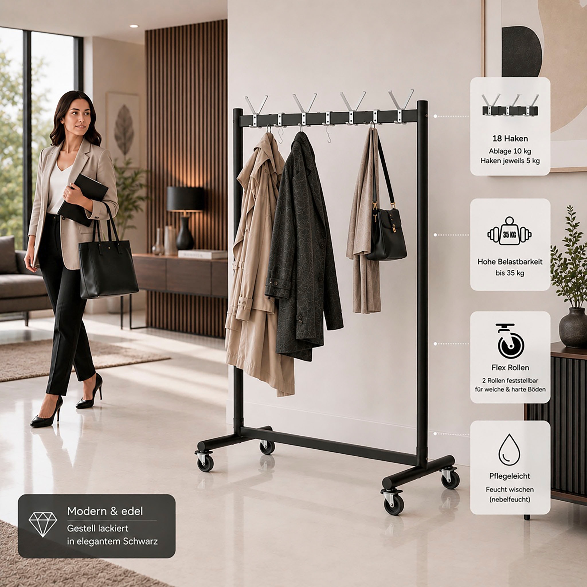 HAKU Garderobenständer »Garderobe, Garderobenständer, Kleiderständer auf Rollen, Kleiderwagen« rechteckig - aus Metall Schwarz - B/T/H 103/39/174 cm