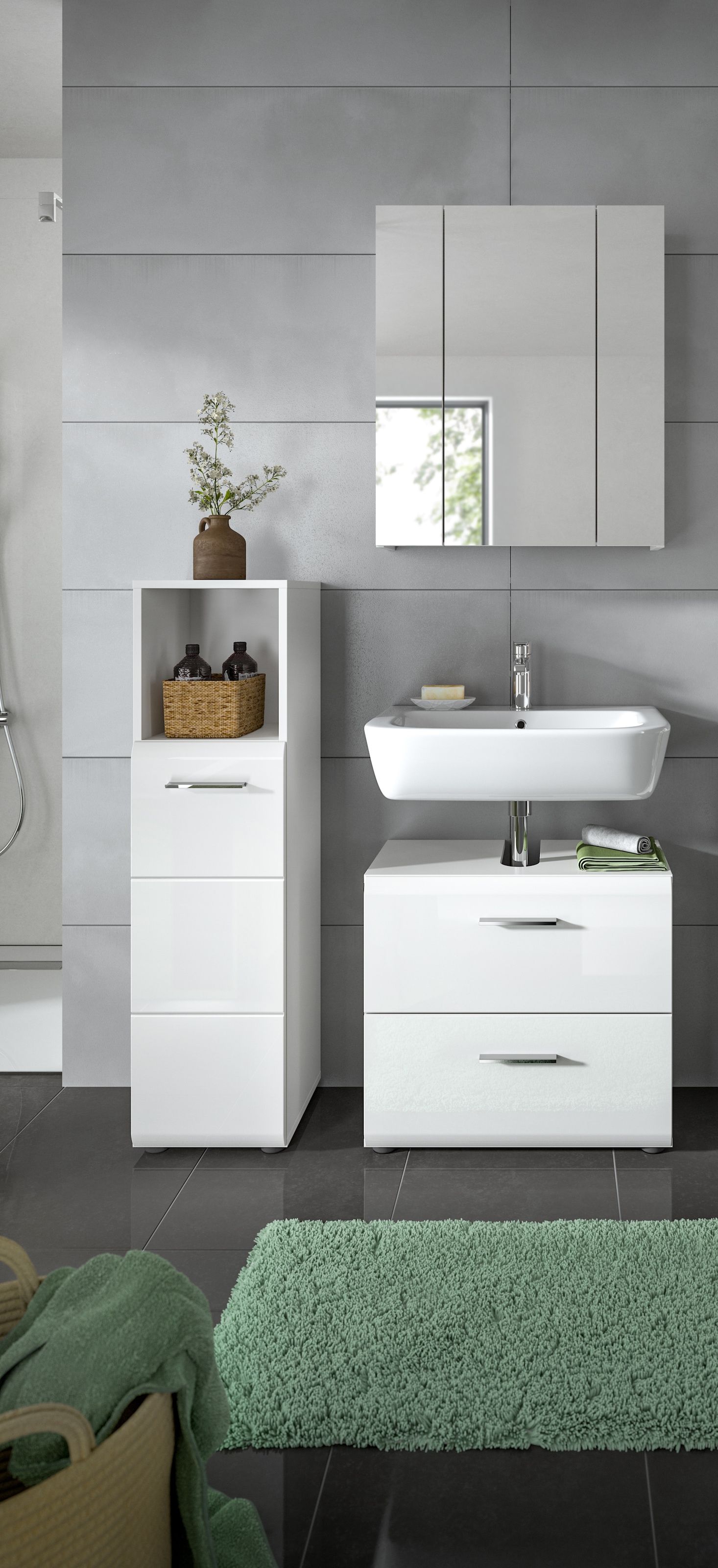 INOSIGN Badmöbel-Set »FLORENZ, TOPSELLER!, 3-teilige Badkombination, hochwertige MDF-Front«, (best. aus: Midischrank hoch, Waschbeckenunterschrank, Spiegelschrank), Bad-Kombination, Bad-Möbel, Badezimmer, Kombination, Kombi