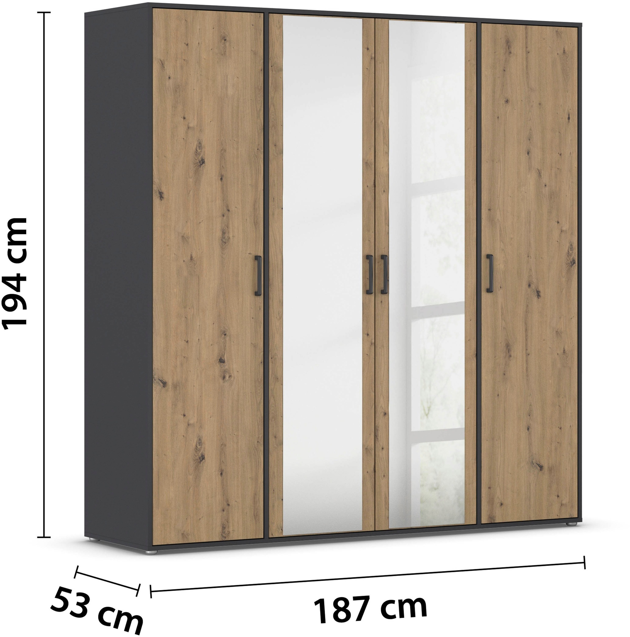 rauch Drehtürenschrank »Kleiderschrank Schrank Garderobe Wäscheschrank VOYAGER«, (in 3 verschiedenen Ausstattungen BASIC/CLASSIC/PREMIUM), mit modernen Griffen in Graumetallic und Spiegel