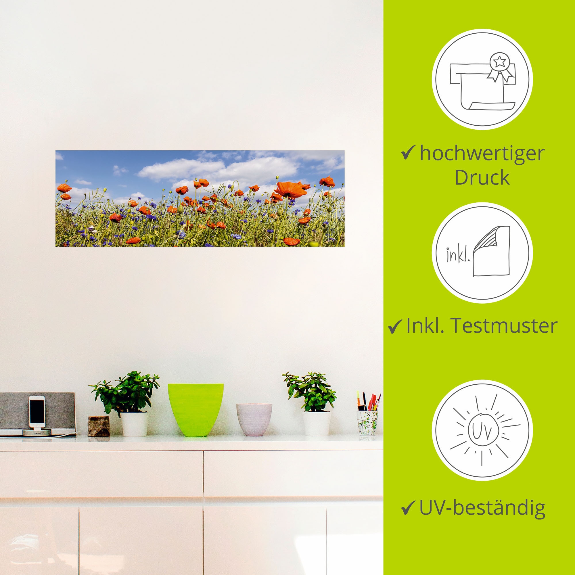 Artland Wandbild »Mohnblumenfeld mit Kornblumen«, Blumenwiese, (1 St.), als Alubild, Leinwandbild, Wandaufkleber oder Poster in versch. Größen