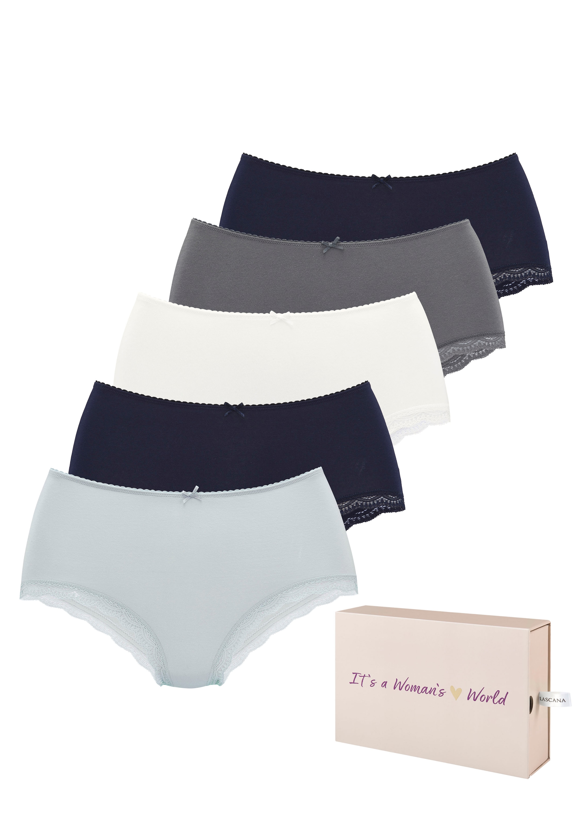 LASCANA Taillenslip 5er-Pack,  aus elastischer Baumwolle mit zarter Spitze, mit Aufbewahrungsbox