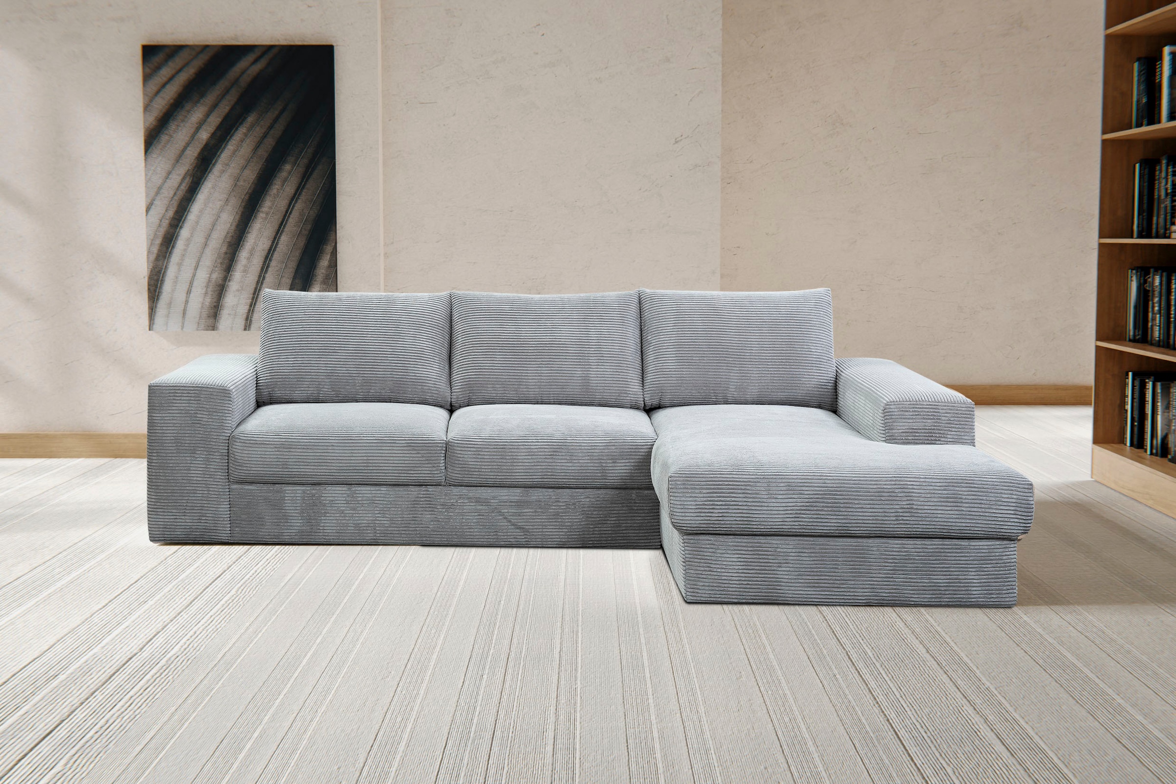 WERK2 Ecksofa »Rozzana Design Ecksofa mit hohem Komfort, zeitlos & elegant,  L-Form,« in kuschelweichen Trendstoffen Cord, Breitcord und Plüsch