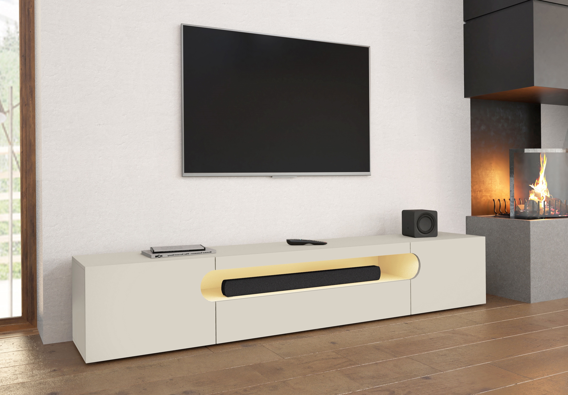 Home affaire Lowboard »REAL TV-Möbel, 240 cm breit, 40/60 cm hoch, Hochglanz oder matt« mit 2 abgerundeten Türen, 1 Klappe, die ein ovales offenes Fach bilden