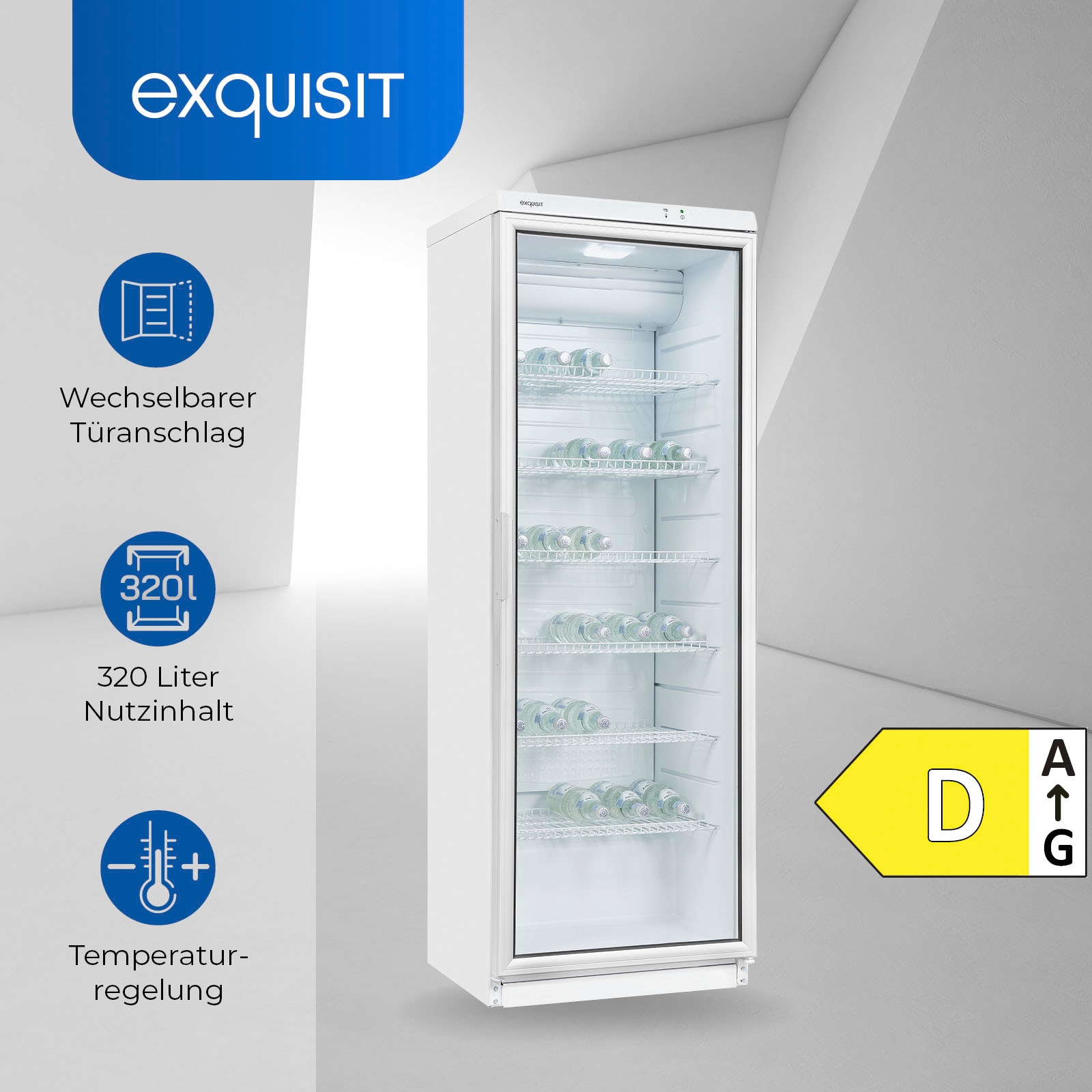 exquisit Getränkekühlschrank »GKS350-1-GT-280D«, GKS350-1-GT-280D weiss, 173 cm hoch, 60 cm breit, 320 L Volumen, Getränkekühlschrank mit Glastür, LED