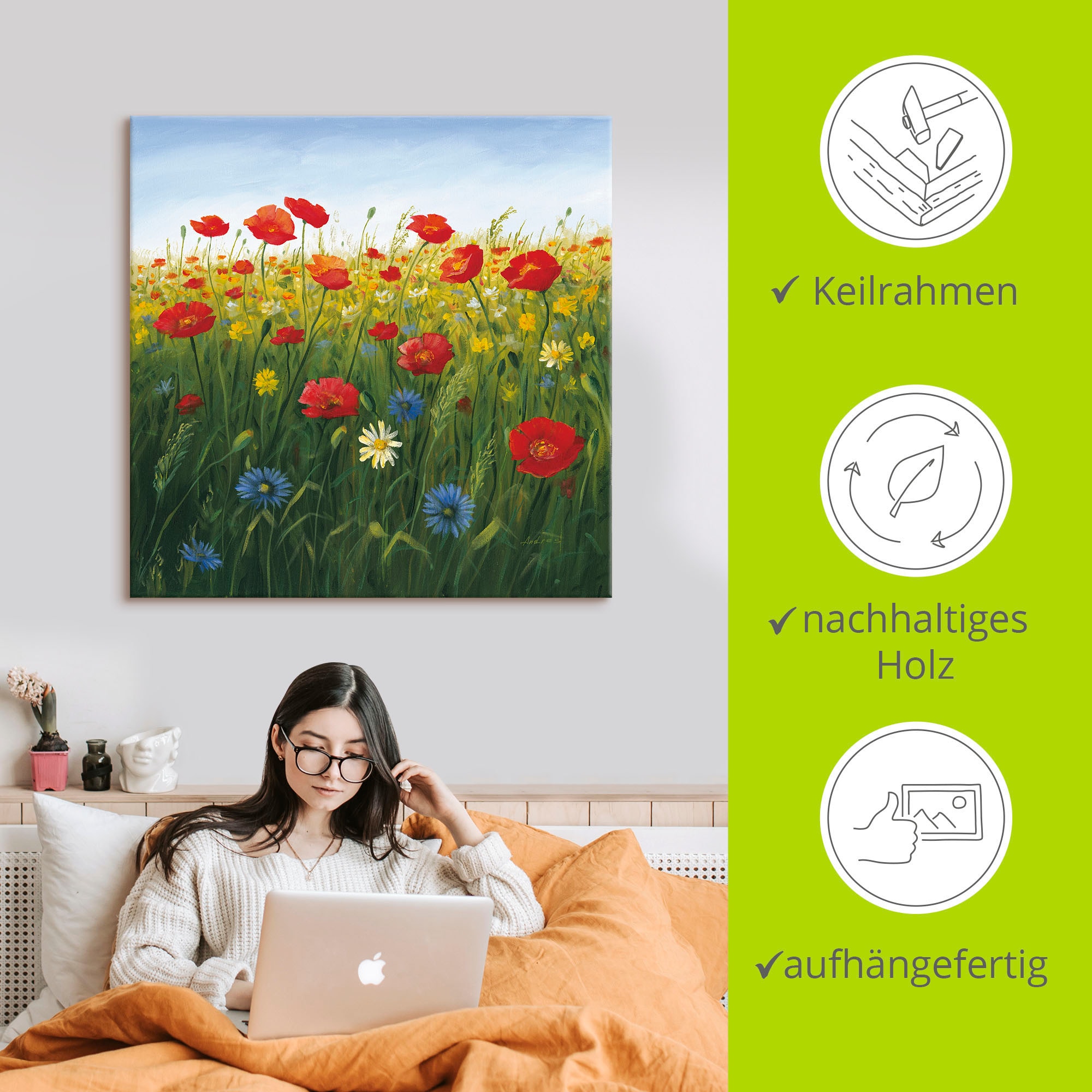 Artland Wandbild »Mohnblumen Landschaft I«, Blumenwiese, (1 St.), als Alubild, Outdoorbild, Leinwandbild, Poster in verschied. Größen