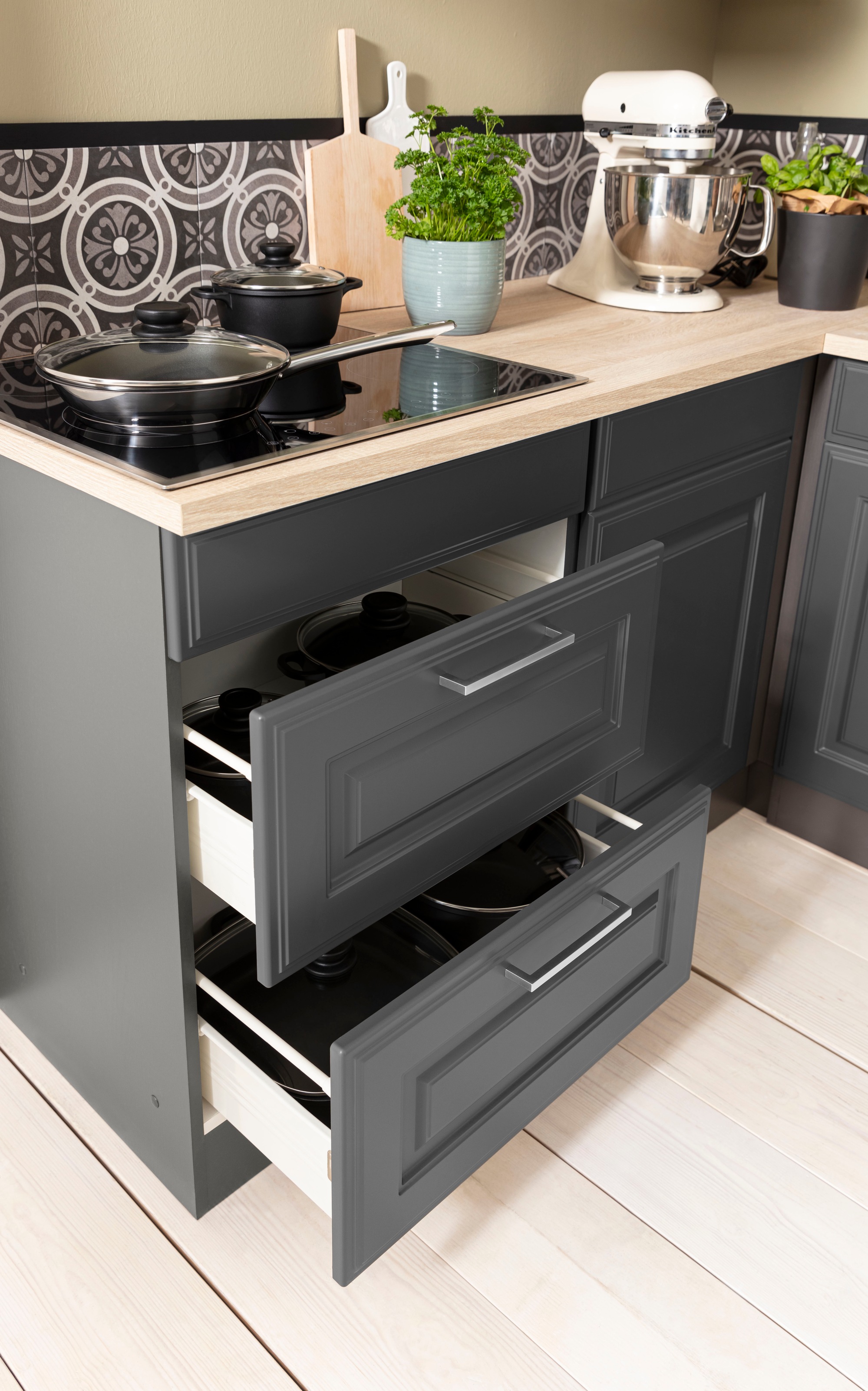 KOCHSTATION Winkelküche »KS-Stockholm«, Stellbreite 260/170 cm, mit E-Geräten, MDF Frontenl