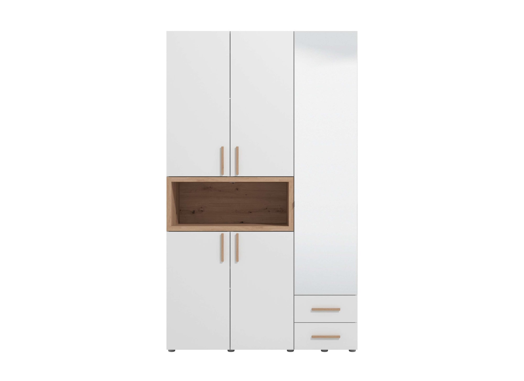 INOSIGN Kleiderschrank »Donald, inklusive Kleiderstangen und Einlegeböden, FSC-zertifiziert«, (134,5 oder 179cm breit, 227cm hoch und 56,5cm tief), In 2 Breiten, mit Spiegel und Schubladen, 1 offenes Fach in Holzoptik