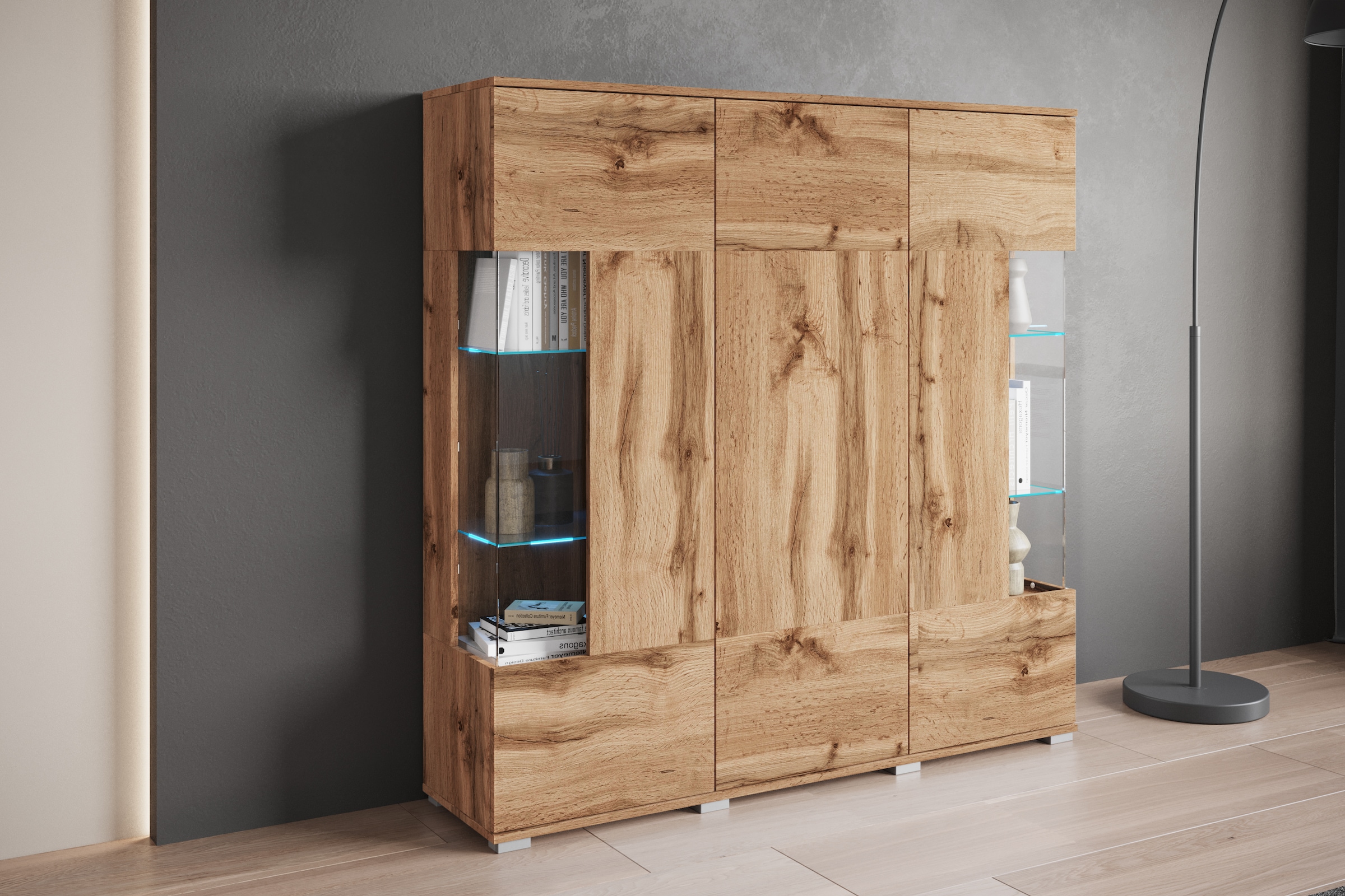 INOSIGN Highboard »Kenia«, (1 St.), Modernes Highboard, mit Glastüren, Breite 135 cm