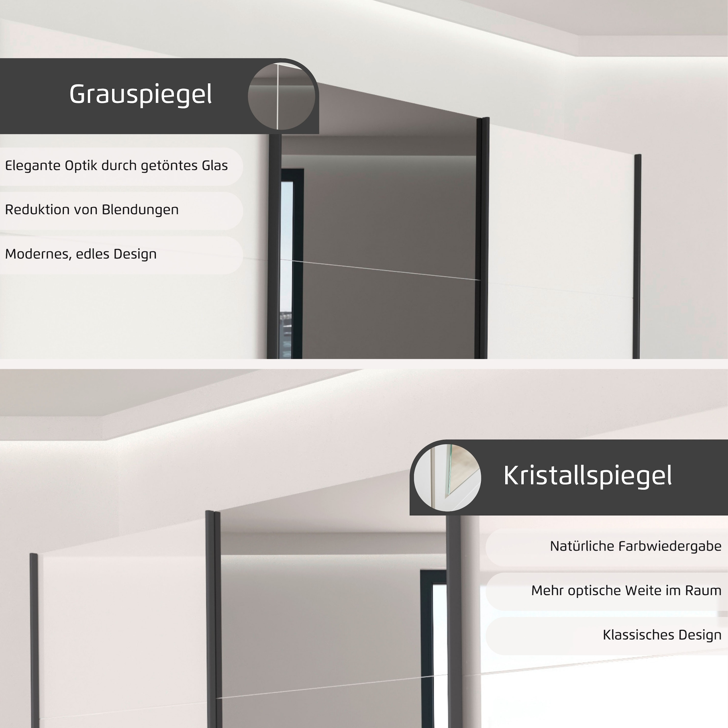 INOSIGN BY RAUCH Schwebetürenschrank »Schlafzimmerschrank BESTSELLER Kleiderschrank Schrank Garderobe FERRIS« In 3 Ausführungen BASIC/CLASSIC/PREMIUM, in Breite 271 cm,  Mitteltür mit hochwertigem Grauspiegel MADE IN GERMANY