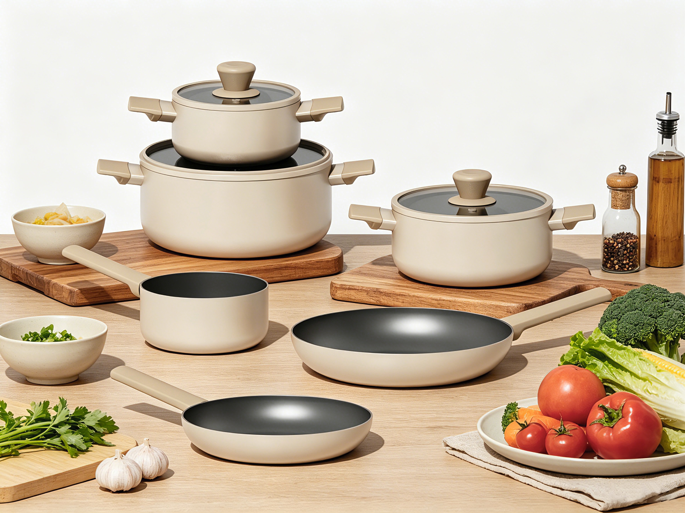 Hanseatic Topf-Set »ALU SCANDI, mit Antihaftbeschichtung« Set, Stielkasserolle 16 cm, Kochtopf 16/20/24 cm, Bratpfanne 24/28 cm, 9 tlg. Aluminium