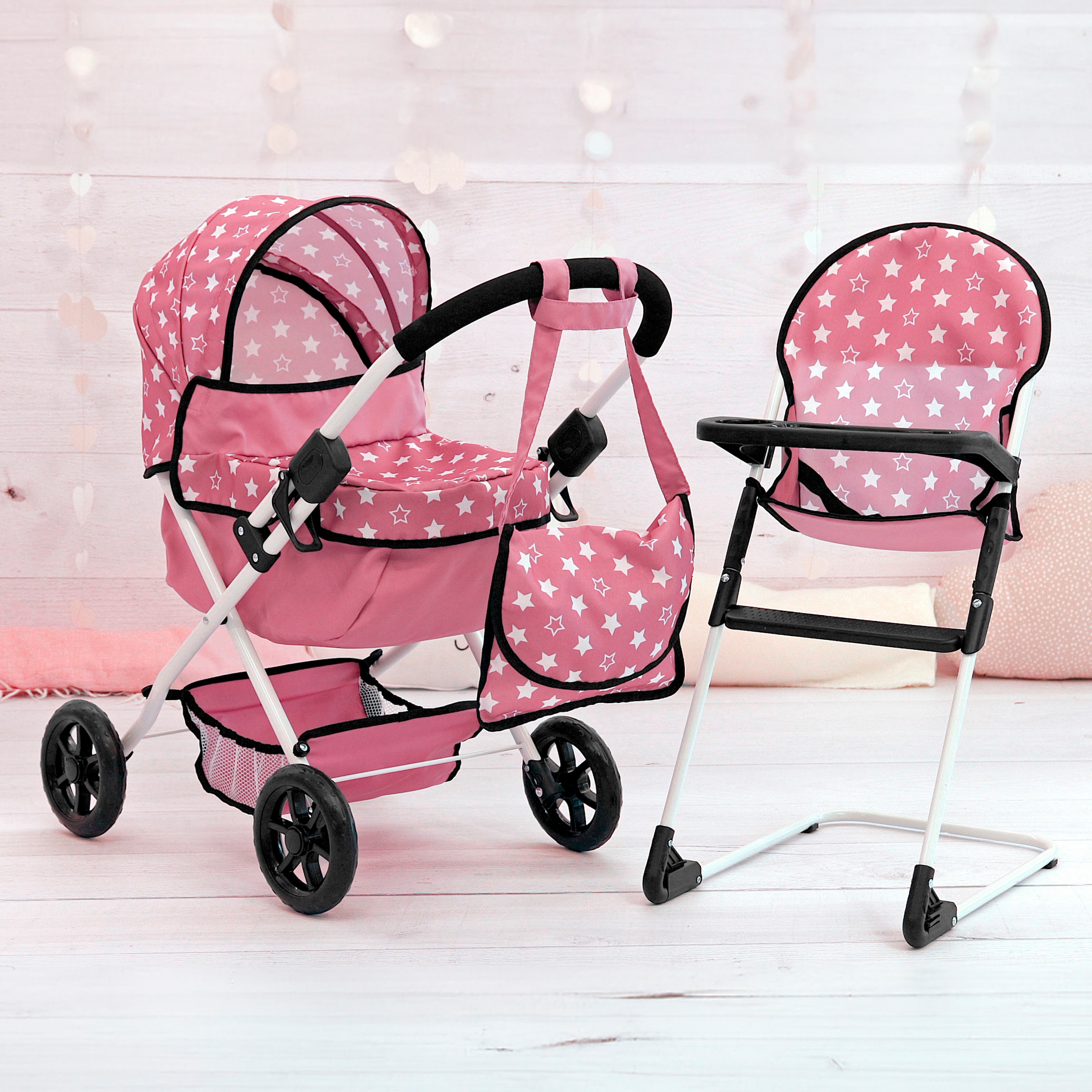 Bayer Puppenwagen »Cosy Set, altrosa«, mit Puppenhochstuhl und Wickeltasche